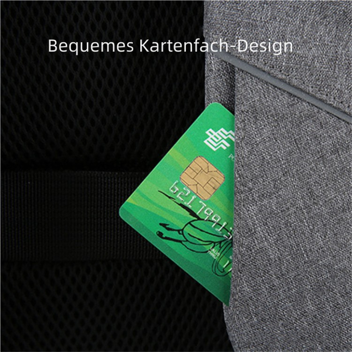 Kreditkarte in einer Tasche. Text: 'Bequemes Kartenfach-Design'.