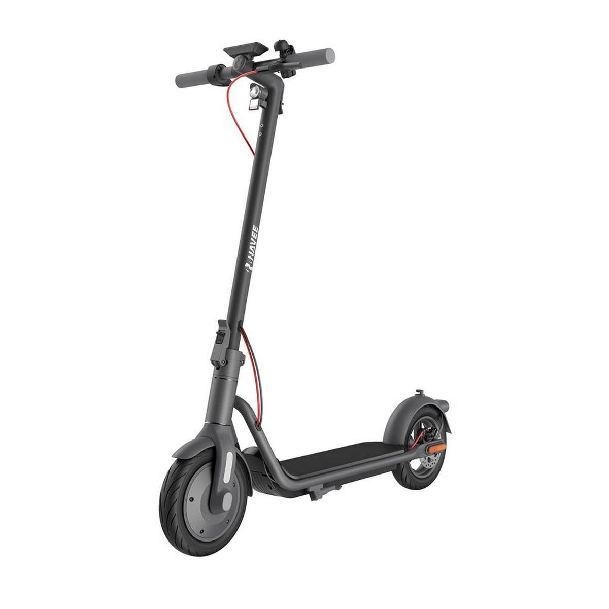 Ein schwarzer Elektroroller auf weißem Hintergrund. Der Roller hat ein rotes Kabel und Bremslicht.