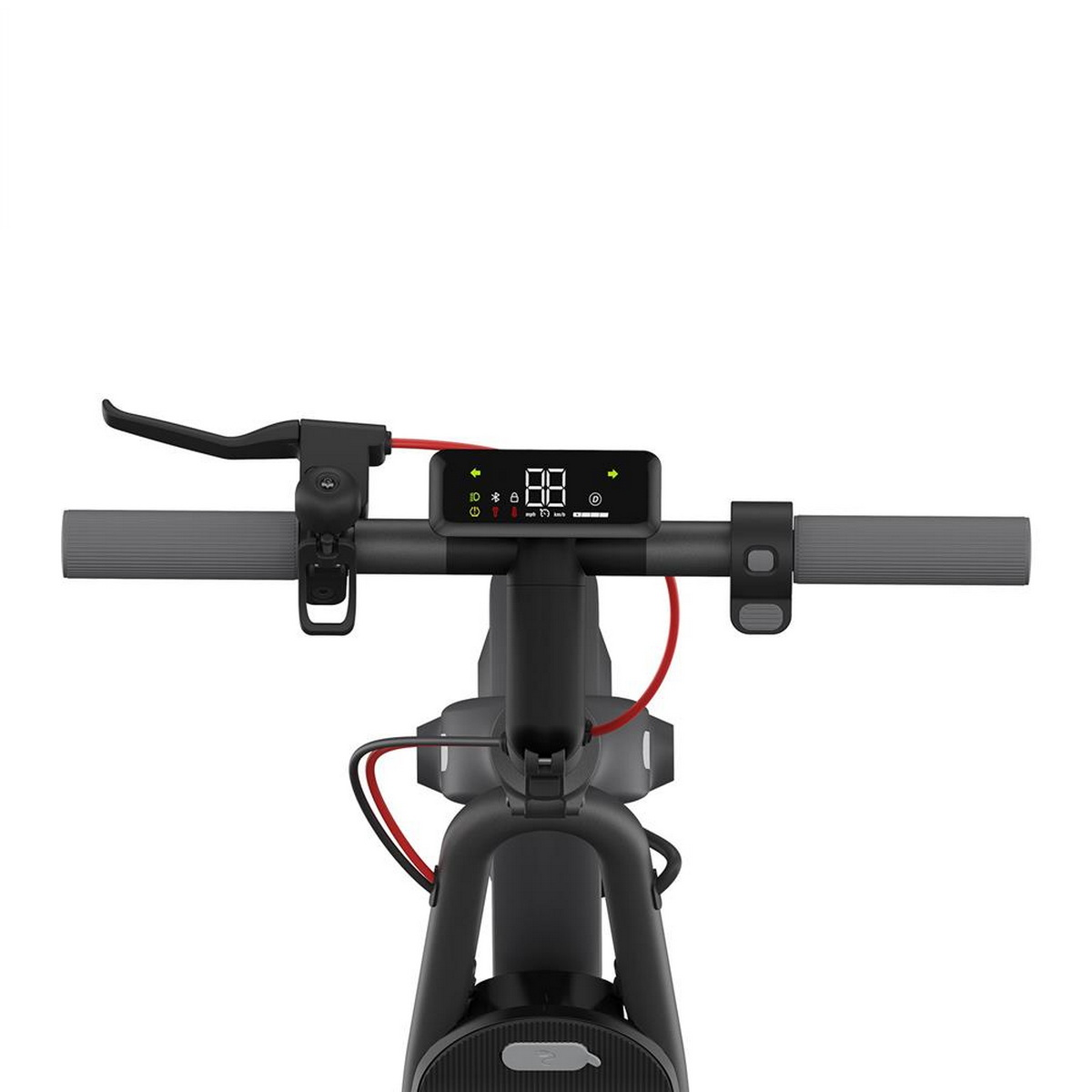 Roller-Lenker mit Anzeige von Geschwindigkeit, Akkulaufzeit und anderen Symbolen. Rotes Kabel.