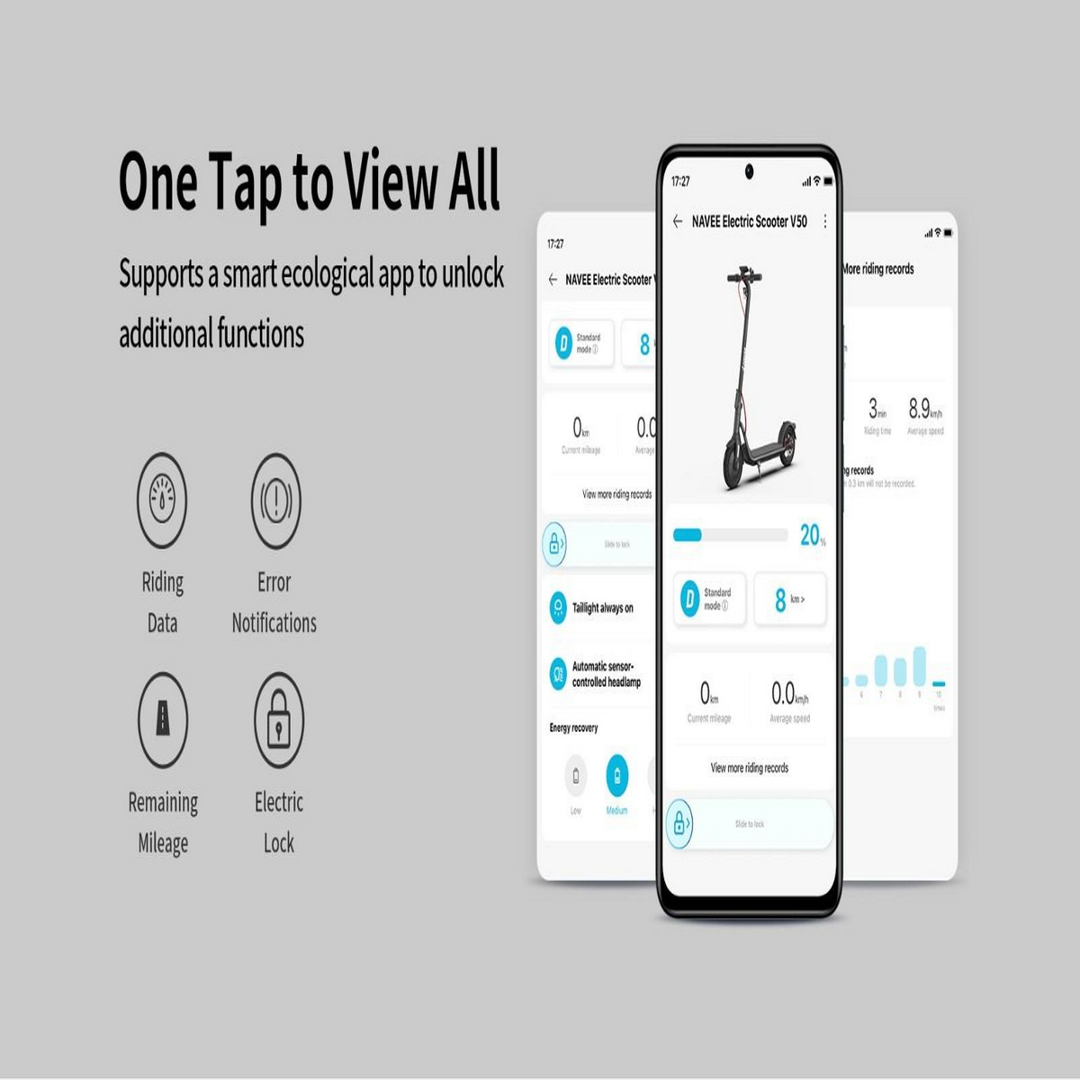 Zwei Smartphones. Eines zeigt einen E-Roller und Fahrdaten, das andere Fahrdatensätze und App-Funktionen.