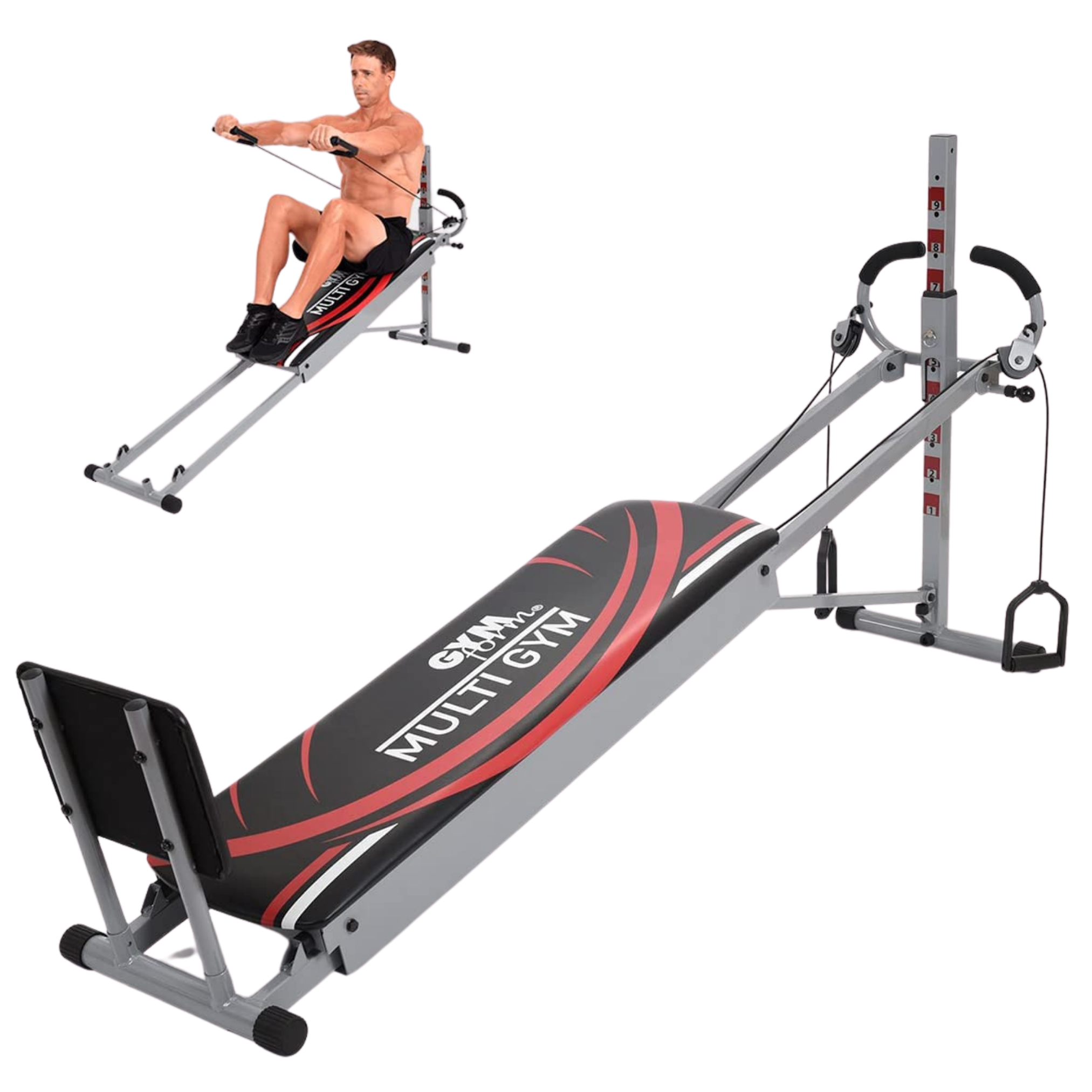 Gymnastikmaschine mit einem Mann, der sie benutzt. Die Maschine ist grau und rot mit schwarzer Polsterung.