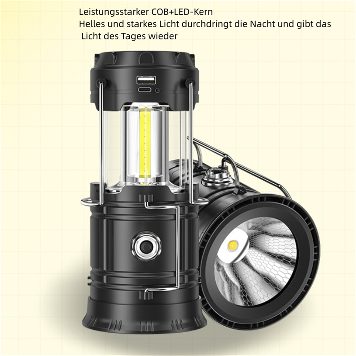 Schwarze Laterne und Scheinwerfer. Die Laterne hat gelbes Licht. Beide stehen vor gelbem Hintergrund.