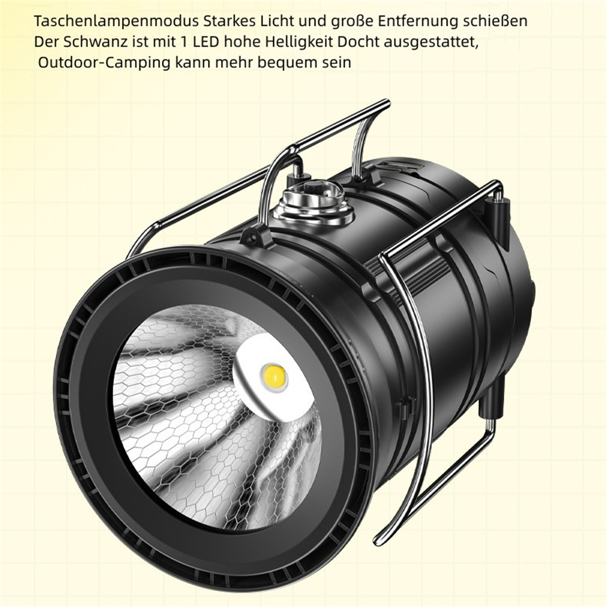 Schwarze Taschenlampe mit silbernem Griff. Weißes Licht kommt von vorne. Schwarzer Hintergrund.