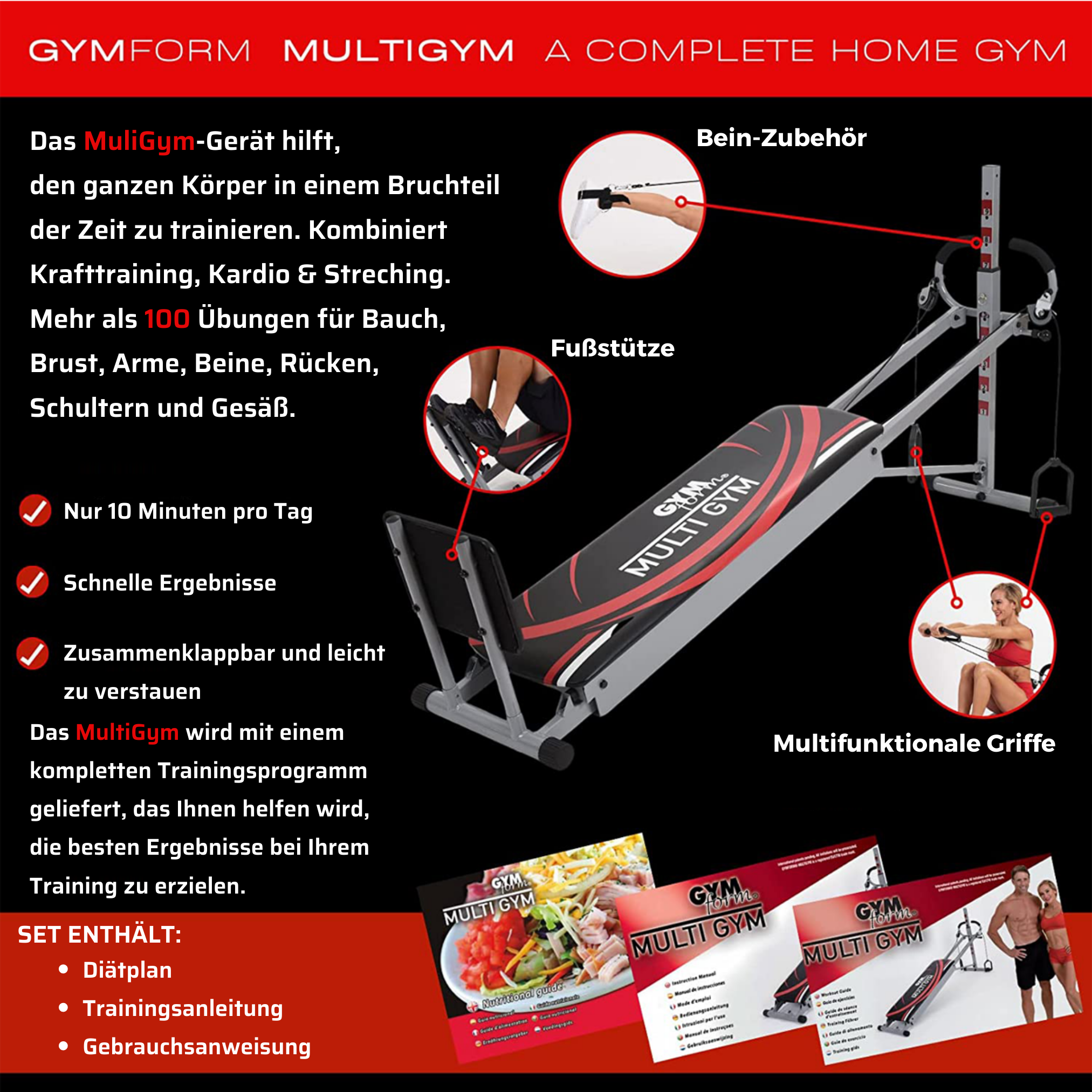 Gymform MultiGym-Maschine mit Text und Bildern, die Übungen und Funktionen zeigen.