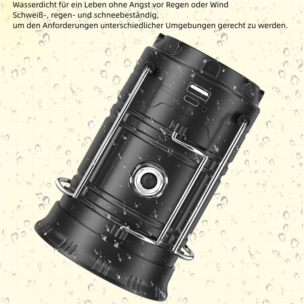 Schwarze Laterne mit silbernen Griffen. Umgeben von Wassertropfen. USB- und Stromanschluss sichtbar.