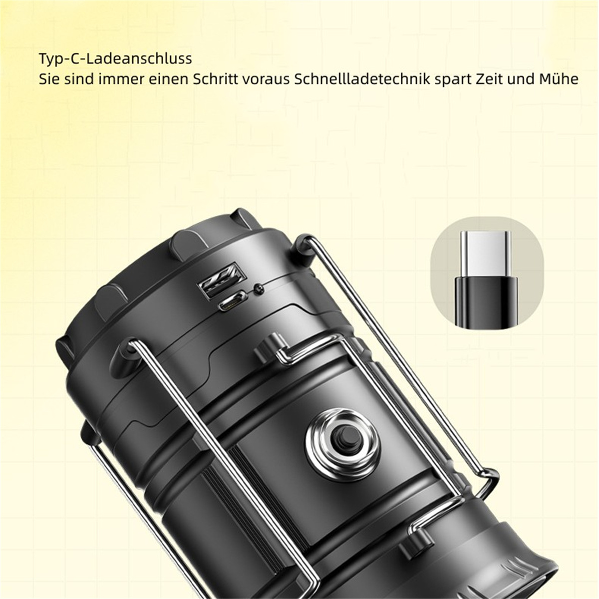 Eine schwarze Taschenlampe mit USB-Anschluss und eine Nahaufnahme eines USB-C-Steckers.