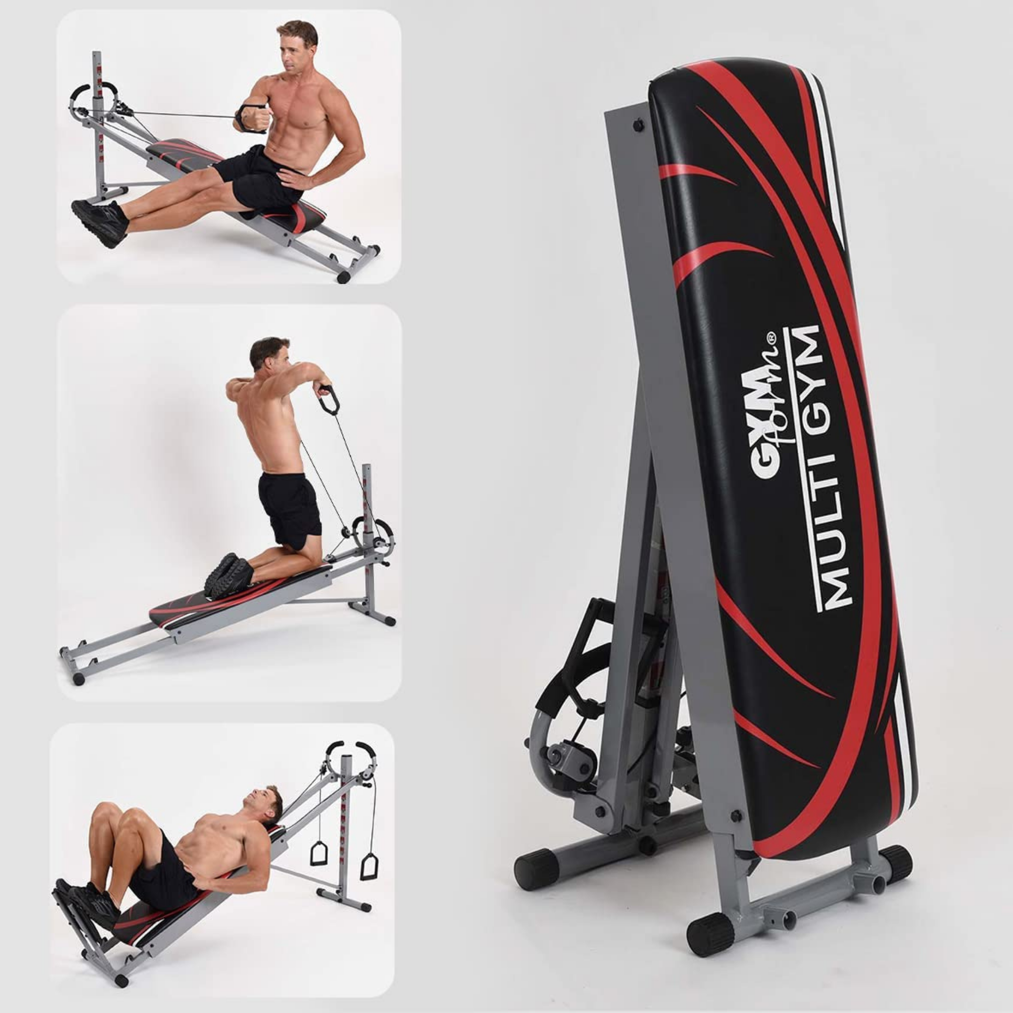 Fitnessgeräte mit drei Übungsbildern. Die Geräte sind schwarz, rot und grau.