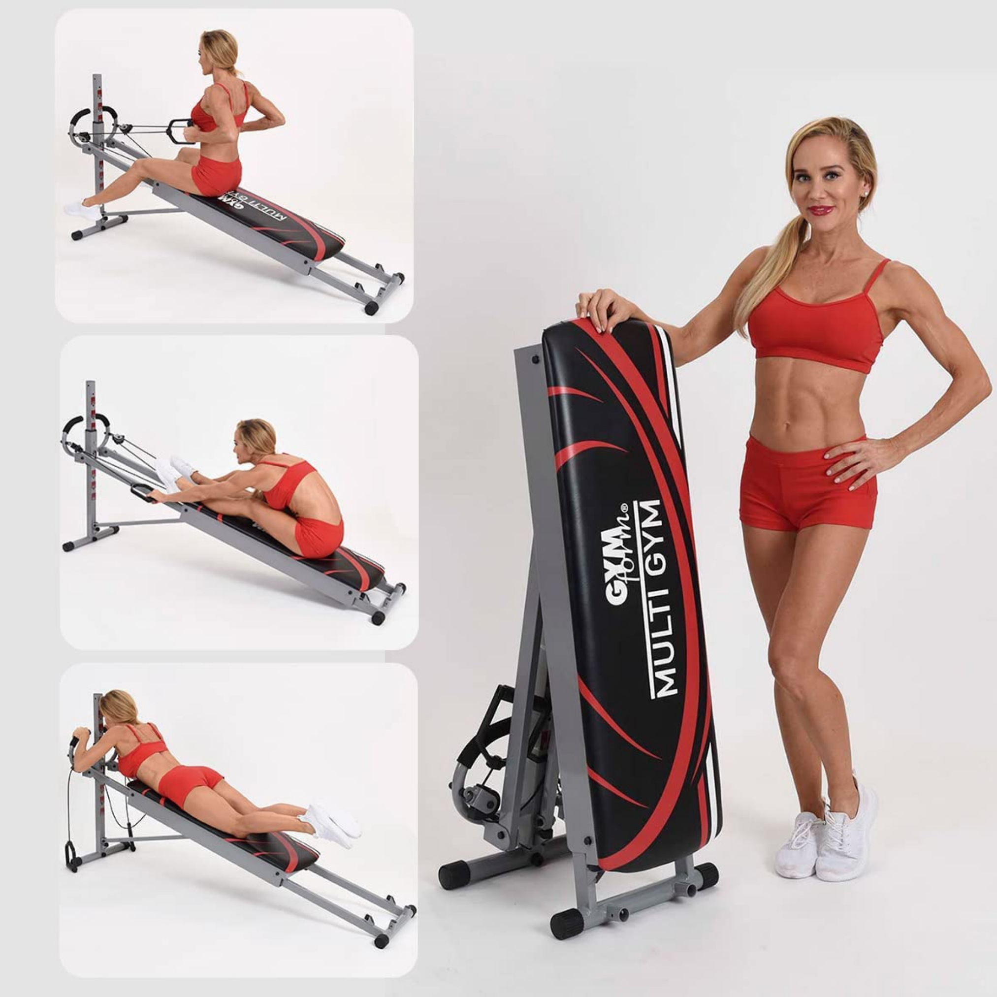 Frau in roter Sportkleidung, demonstriert die Nutzung von Multi-Gym-Geräten.