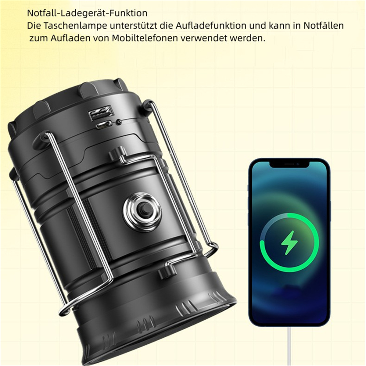 Eine schwarze Notlampe neben einem Telefon, das ein Ladesymbol anzeigt. Text beschreibt die Ladefunktion.