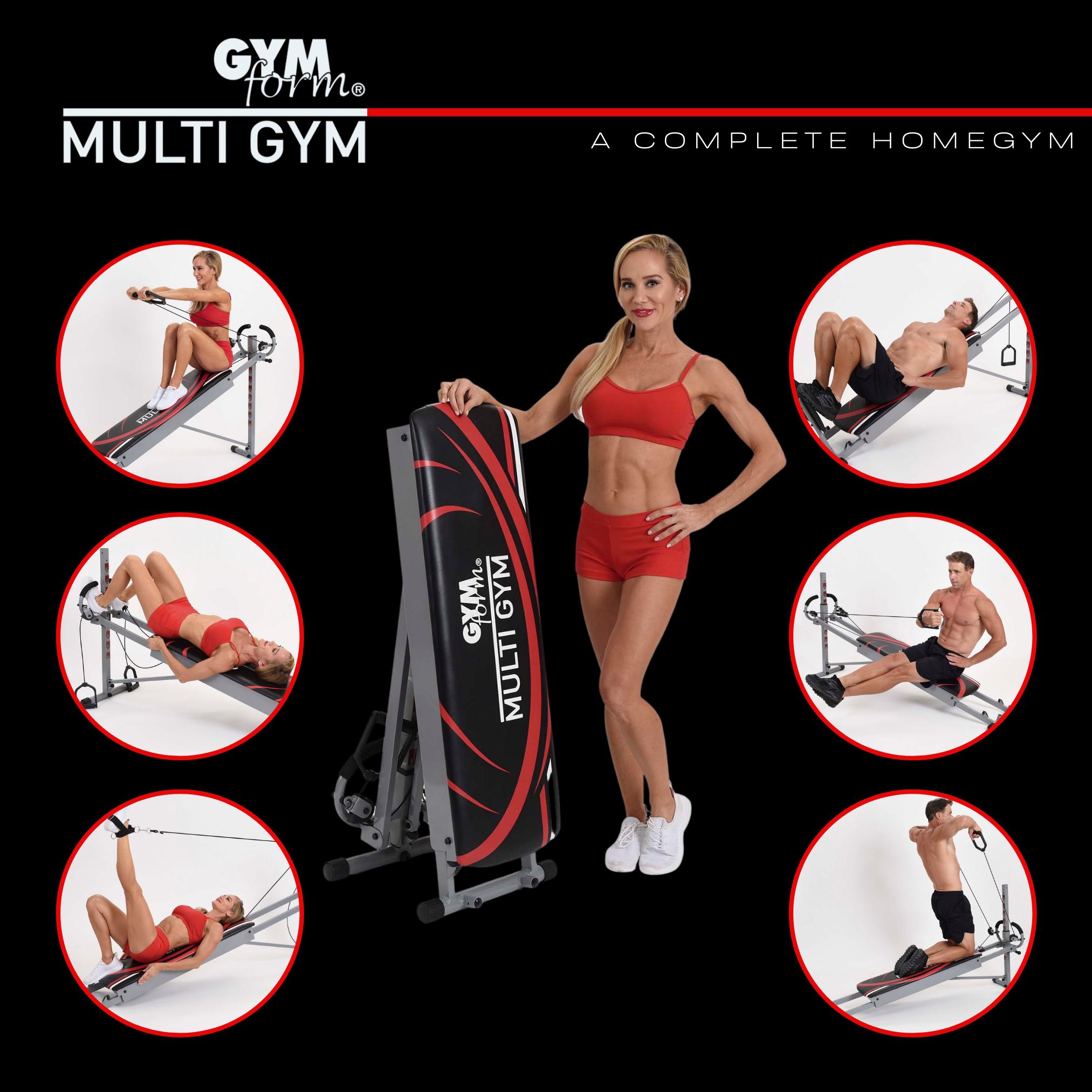 Gym Form Multi Gym mit Frau und anderen Personen, die es benutzen. Schwarzer Hintergrund.