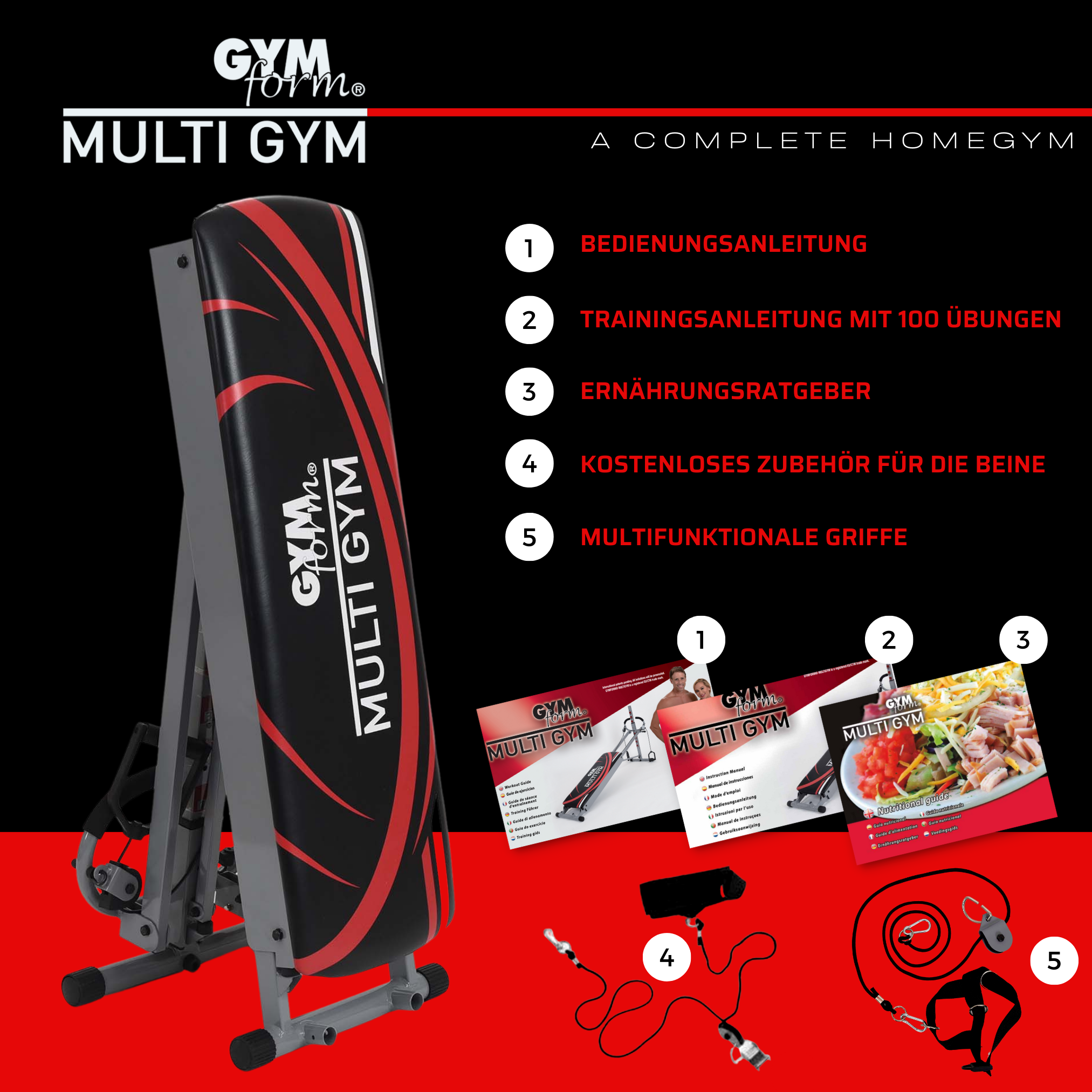 Multi Gym-Setup mit Handbüchern und Zubehör. Rotes und schwarzes Design mit beschrifteten Komponenten.