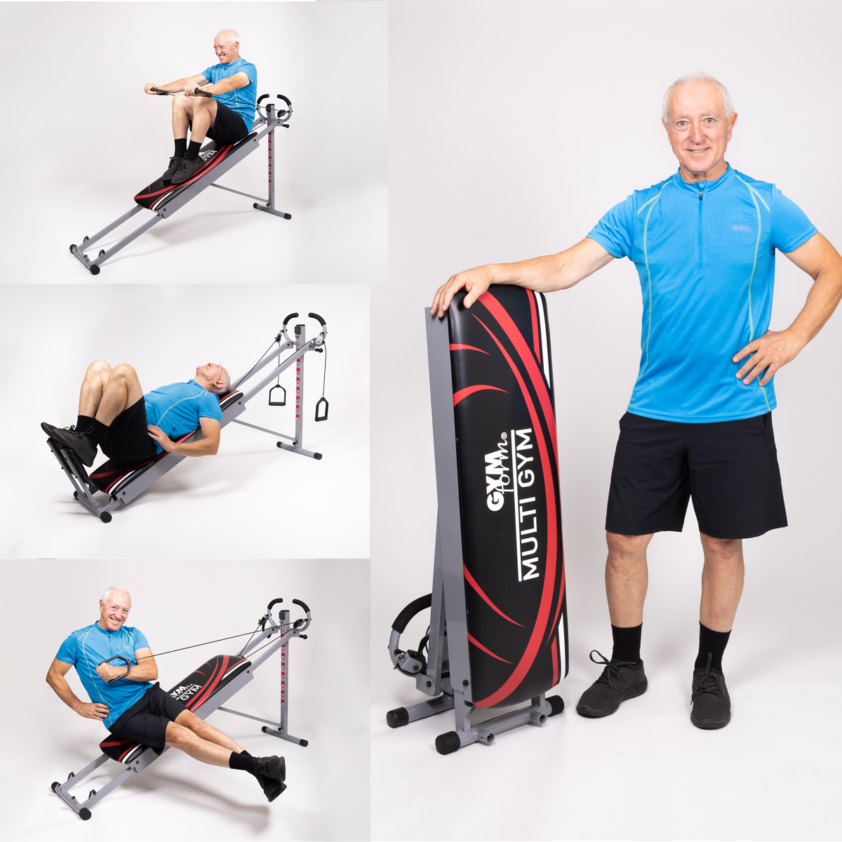 Mann benutzt und steht in der Nähe eines Multi-Gyms. Verschiedene Übungen. Weißer Hintergrund.