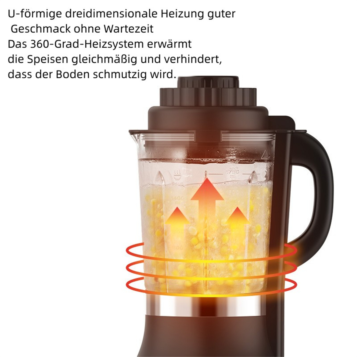 Mixer mit Mais. Rote Pfeile zeigen den Erhitzungsprozess. Braunes Äußeres.