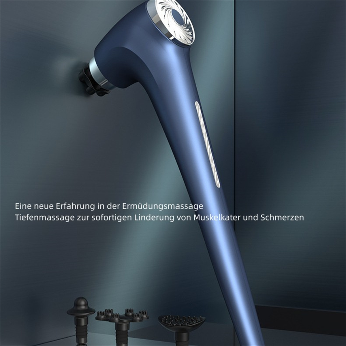Massagegerät, blau mit Aufsätzen. Text weist auf die Verwendung zur Muskelentspannung hin.