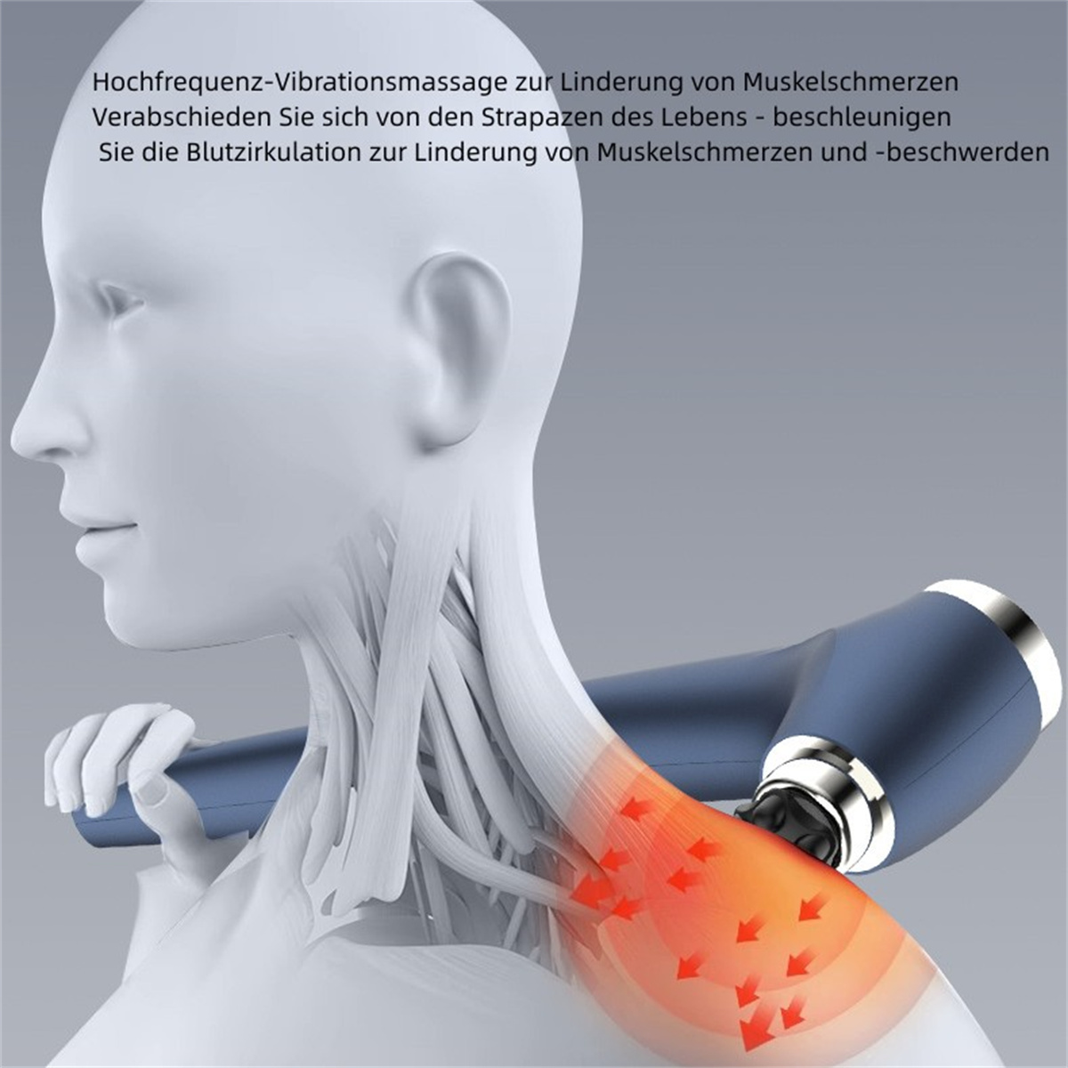 Person mit Massagegerät am Hals, zeigt rote Pfeile. Das Gerät ist blau.