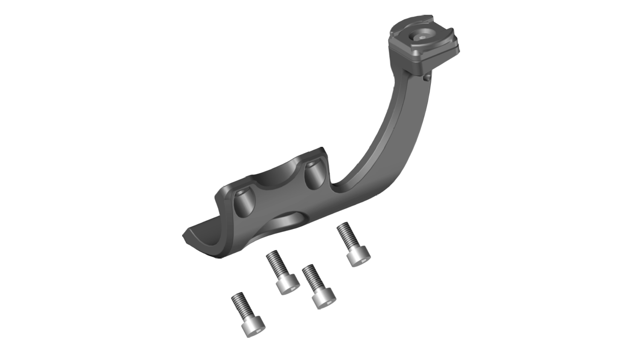 Eine Metallhalterung mit Schrauben, in einem 3D-Rendering. Weißer Hintergrund.