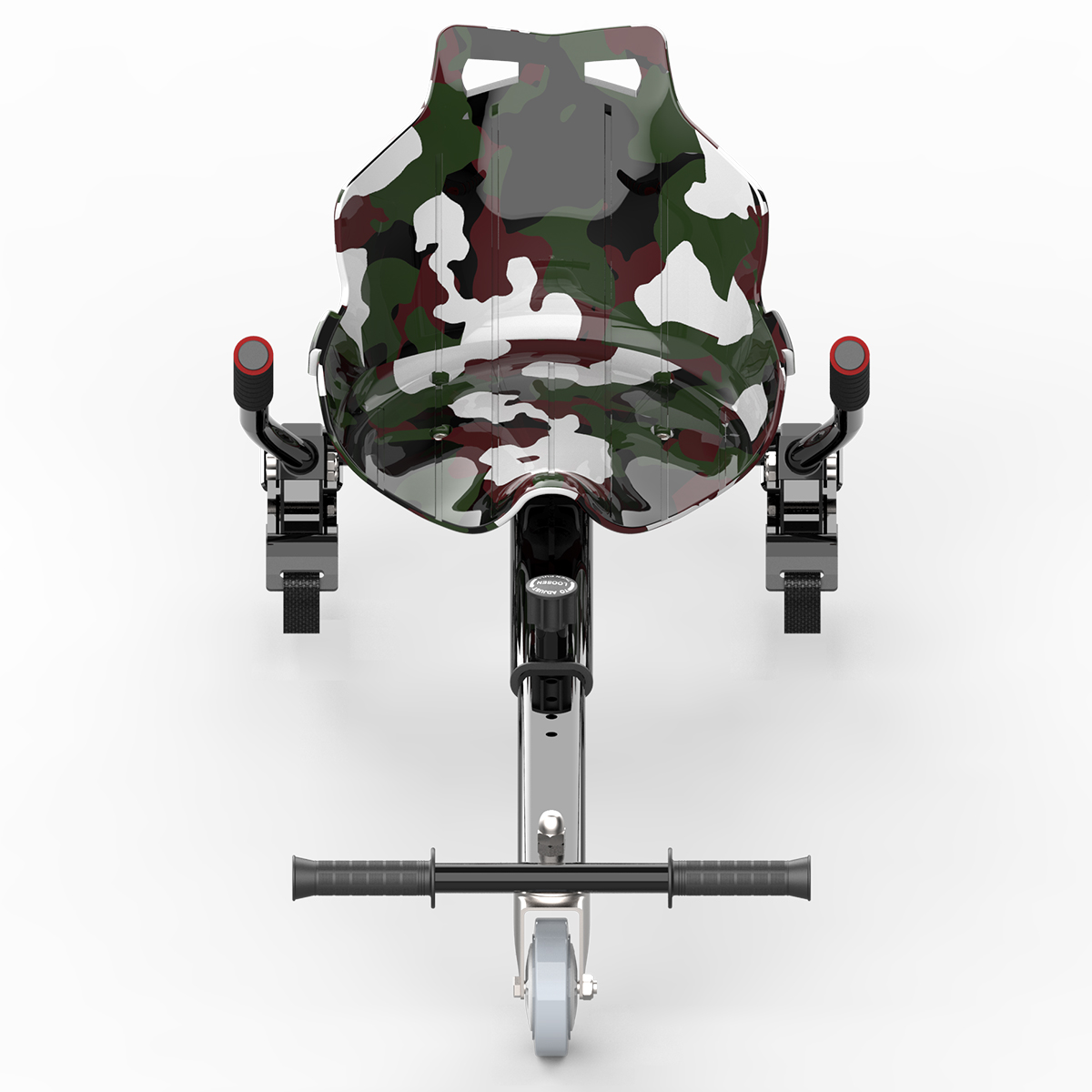 Ein Hoverboard-Sitz mit Tarnmuster. Er hat rote Griffe und ein Vorderrad.