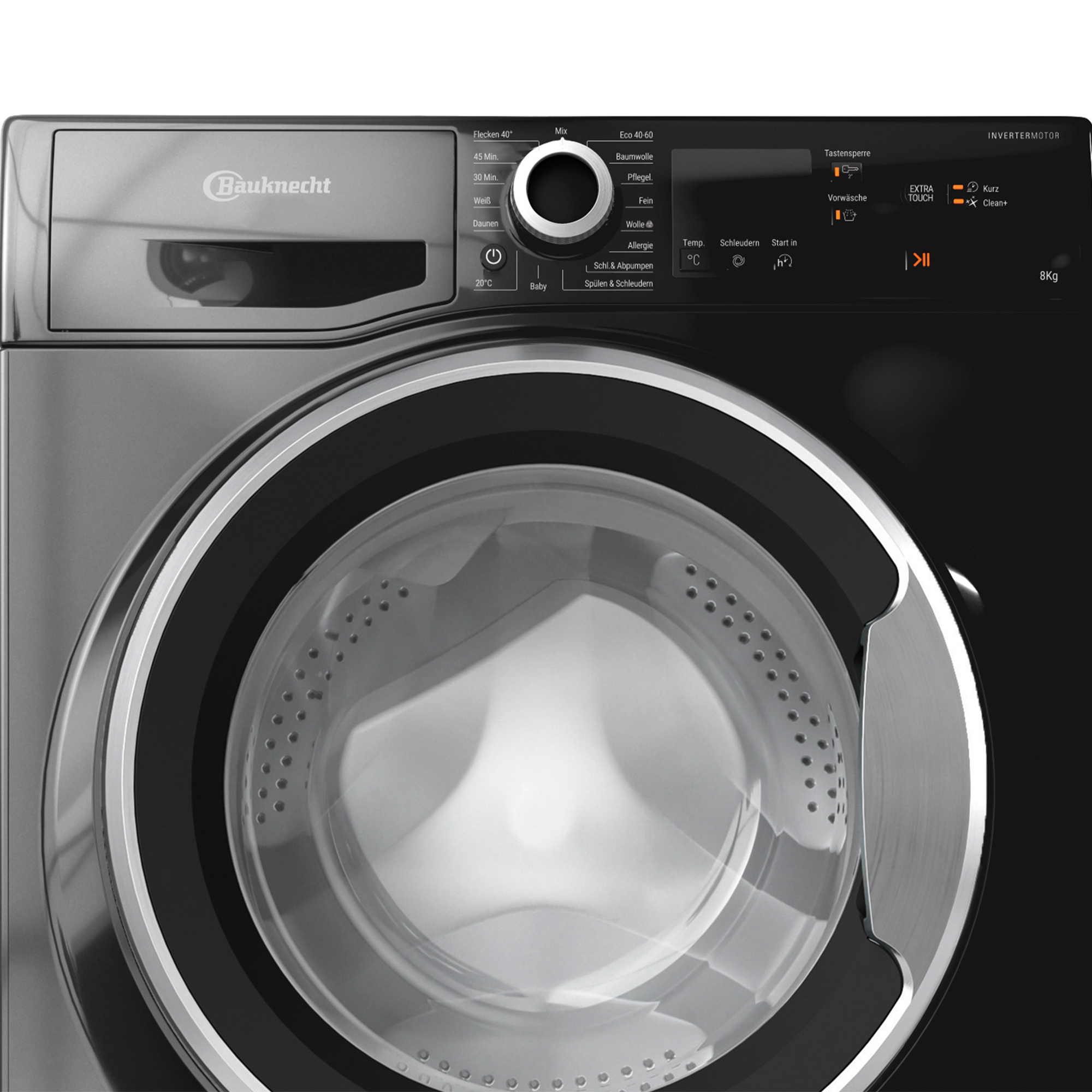 Schwarze Waschmaschine mit Glastür und Bedienfeld. Der Markenname ist Bauknecht.