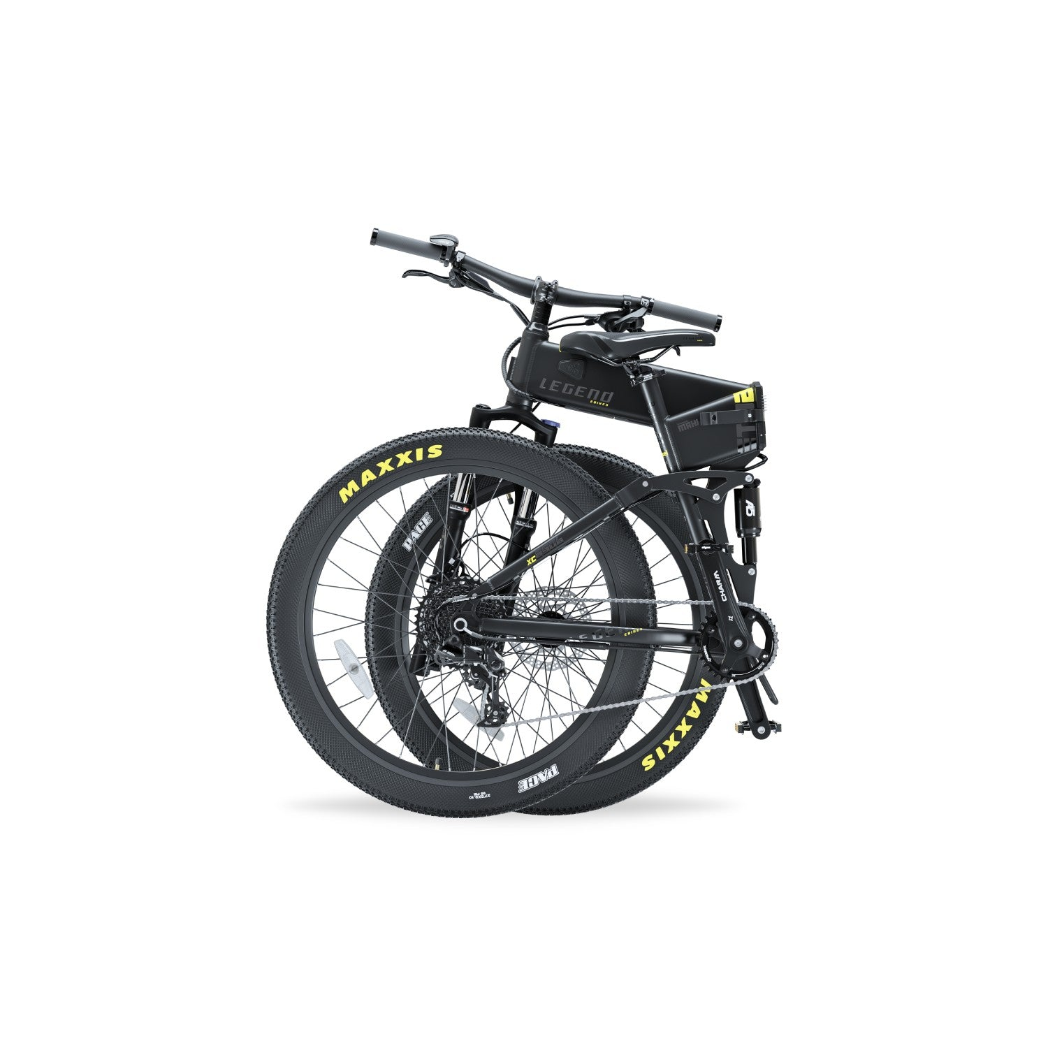Ein schwarz-graues, zusammenklappbares Elektrofahrrad, zusammengeklappt. Die Räder haben das Wort MAXIS in Gelb.