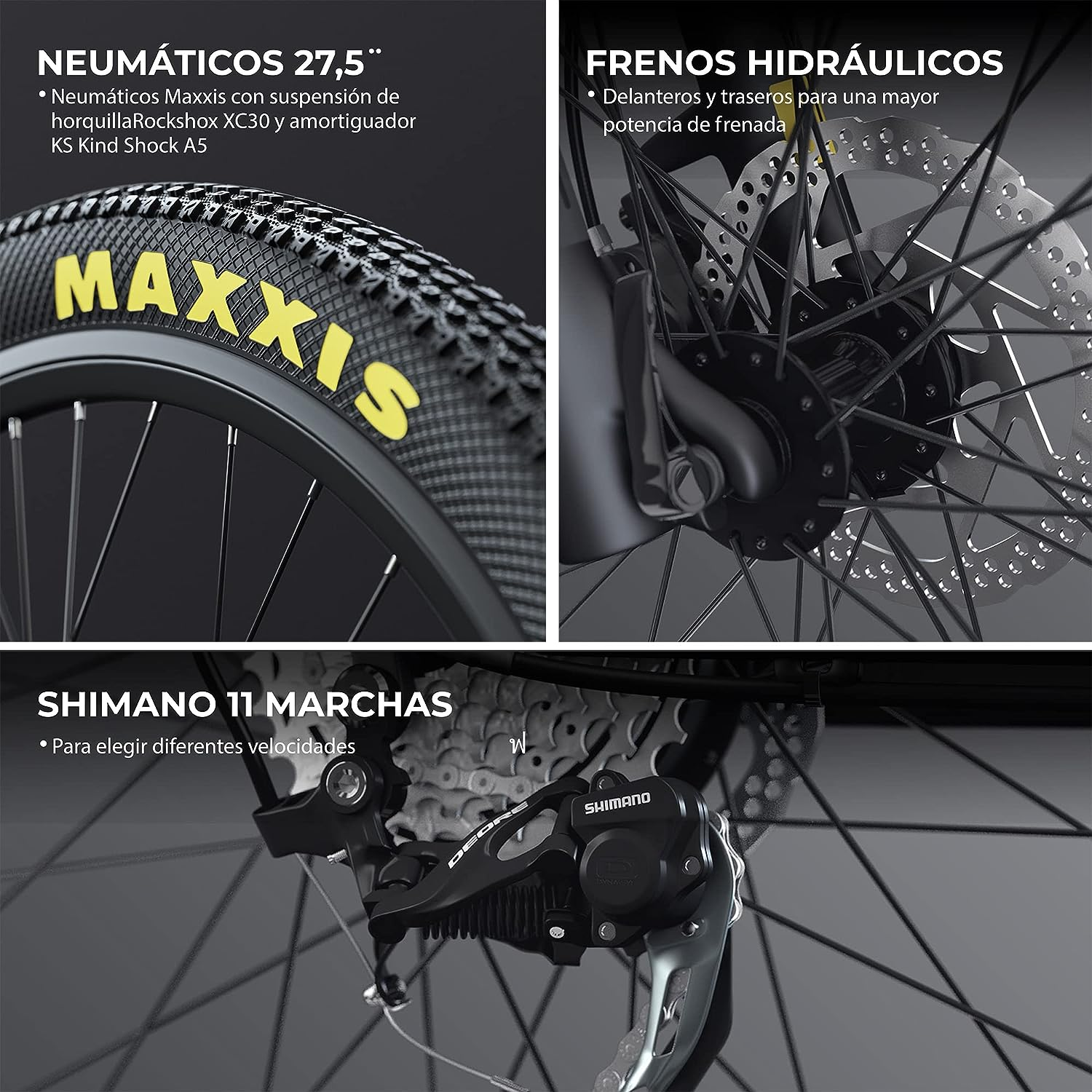 Nahaufnahme von Fahrradteilen. Reifen, Bremsen und Gänge mit spanischem Text werden angezeigt.