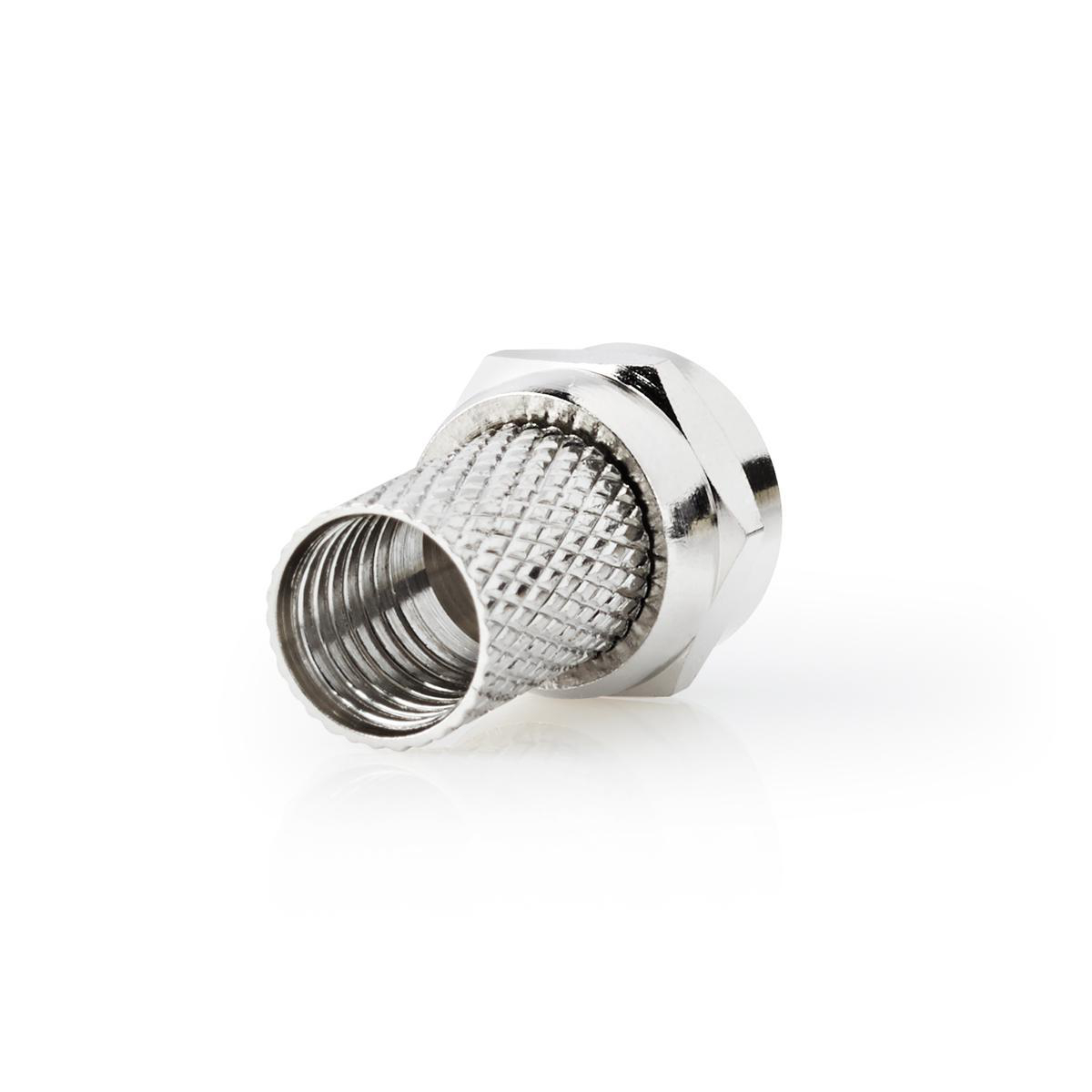 Een zilveren coaxiale connector op een witte achtergrond. De connector heeft een schroefdraadeinde.