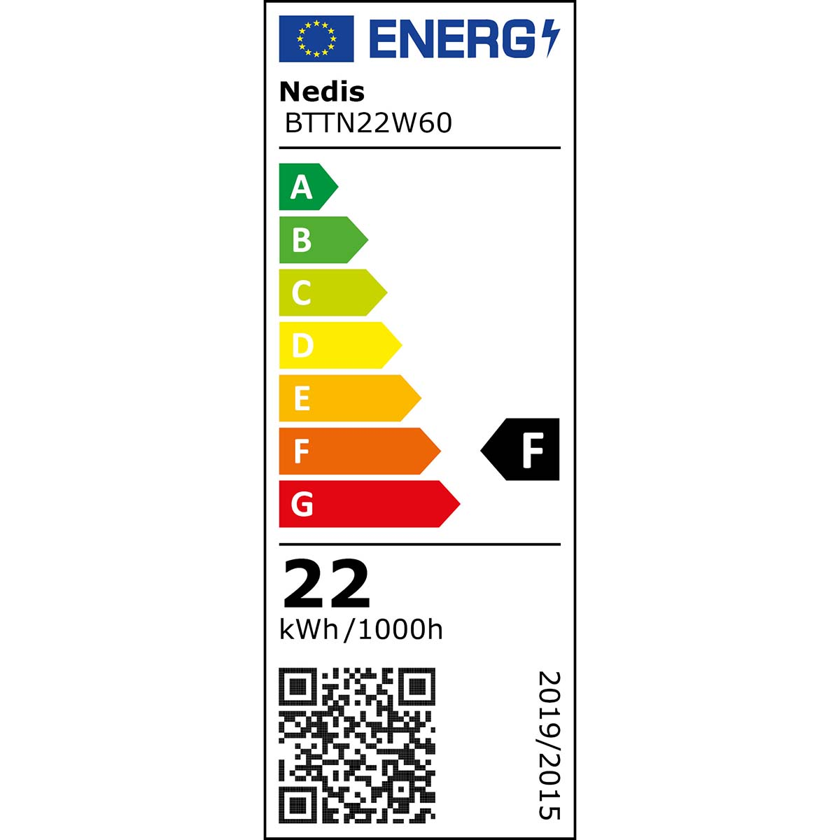 Etichetta energetica F per Nedis BTTN22W60, 22 kWh/1000h, codice QR.