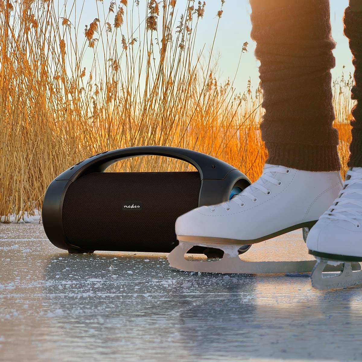 Osoba w łyżwach obok głośnika na lodzie, z suchą trawą w tle.