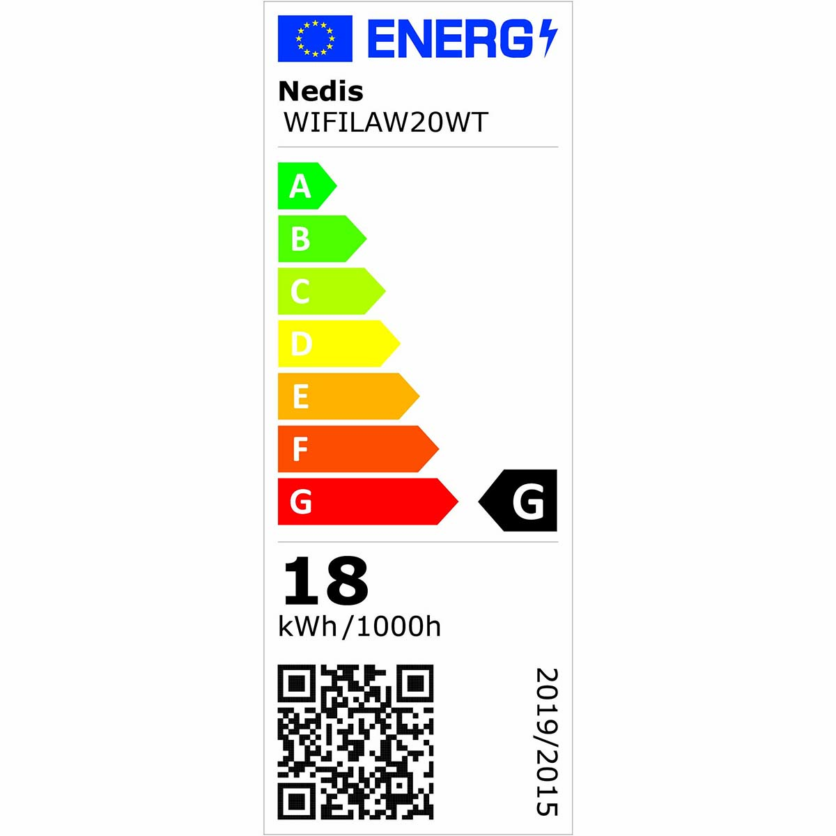 Etichetta di efficienza energetica per un prodotto, che mostra la classe energetica G. Il marchio è Nedis. 18 kWh/1000h.