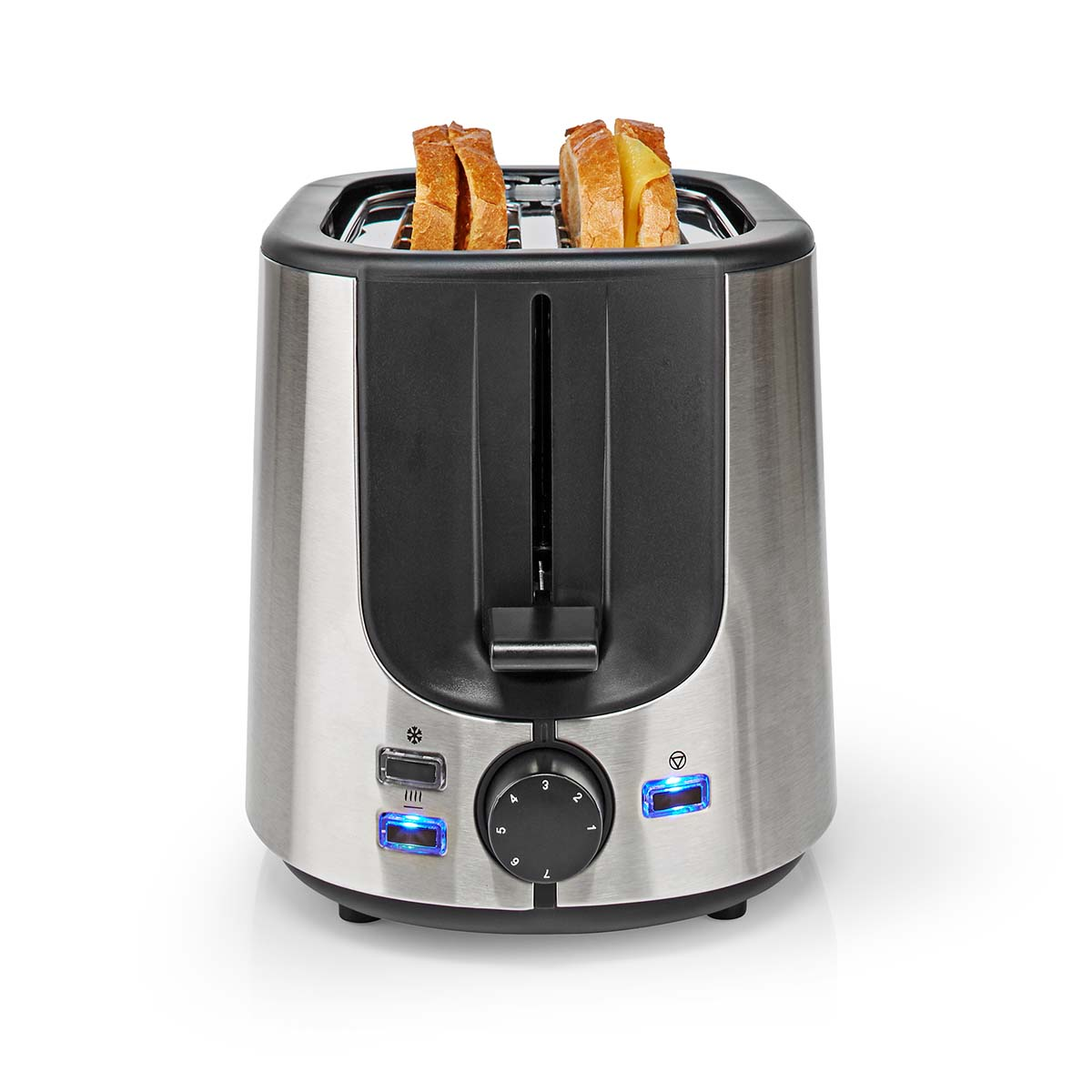 Ein Toaster aus Edelstahl mit zwei Toastscheiben. Es hat ein schwarzes Bedienfeld.