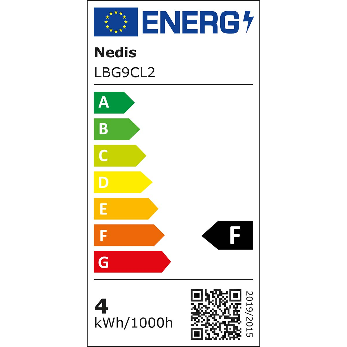 Etykieta energetyczna z ocenami od A do G. Pokazuje ocenę 'F'. Zawiera tekst 'ENERG', 'Nedis', 'LBG9CL2'. Zawiera również kod QR i '4 kWh/1000h'.
