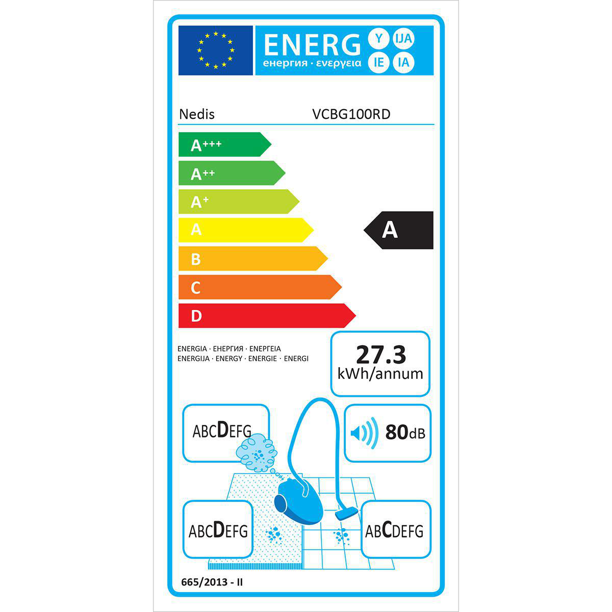 Etykieta efektywności energetycznej z oceną A. Pokazuje informacje o zużyciu energii i poziomie hałasu.