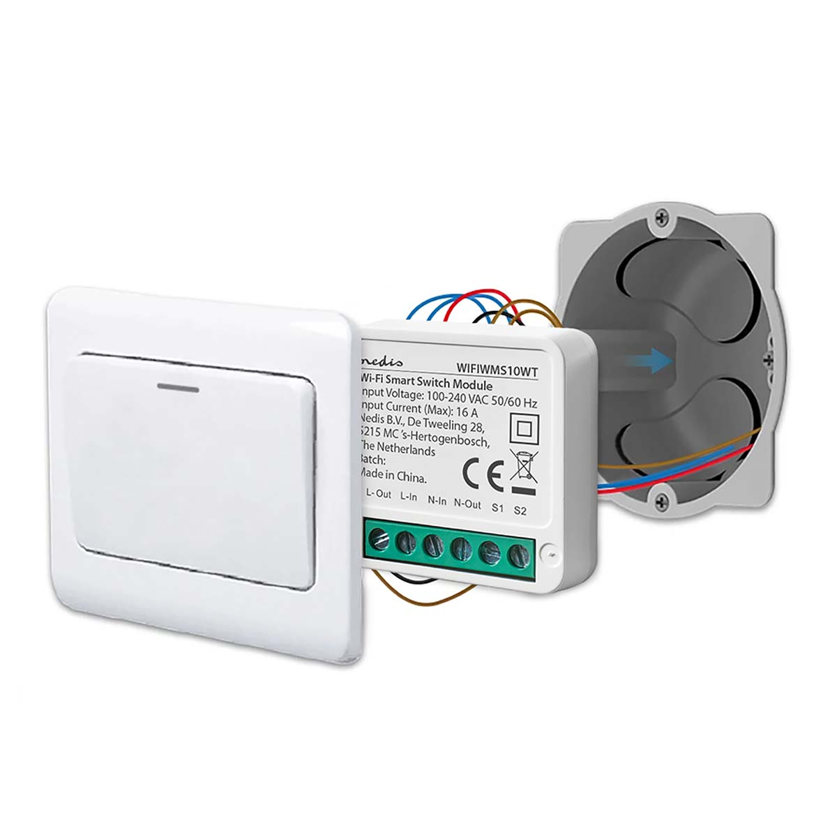 Witte lichtschakelaar en slimme module worden getoond. Draden zijn aangesloten op de module.
