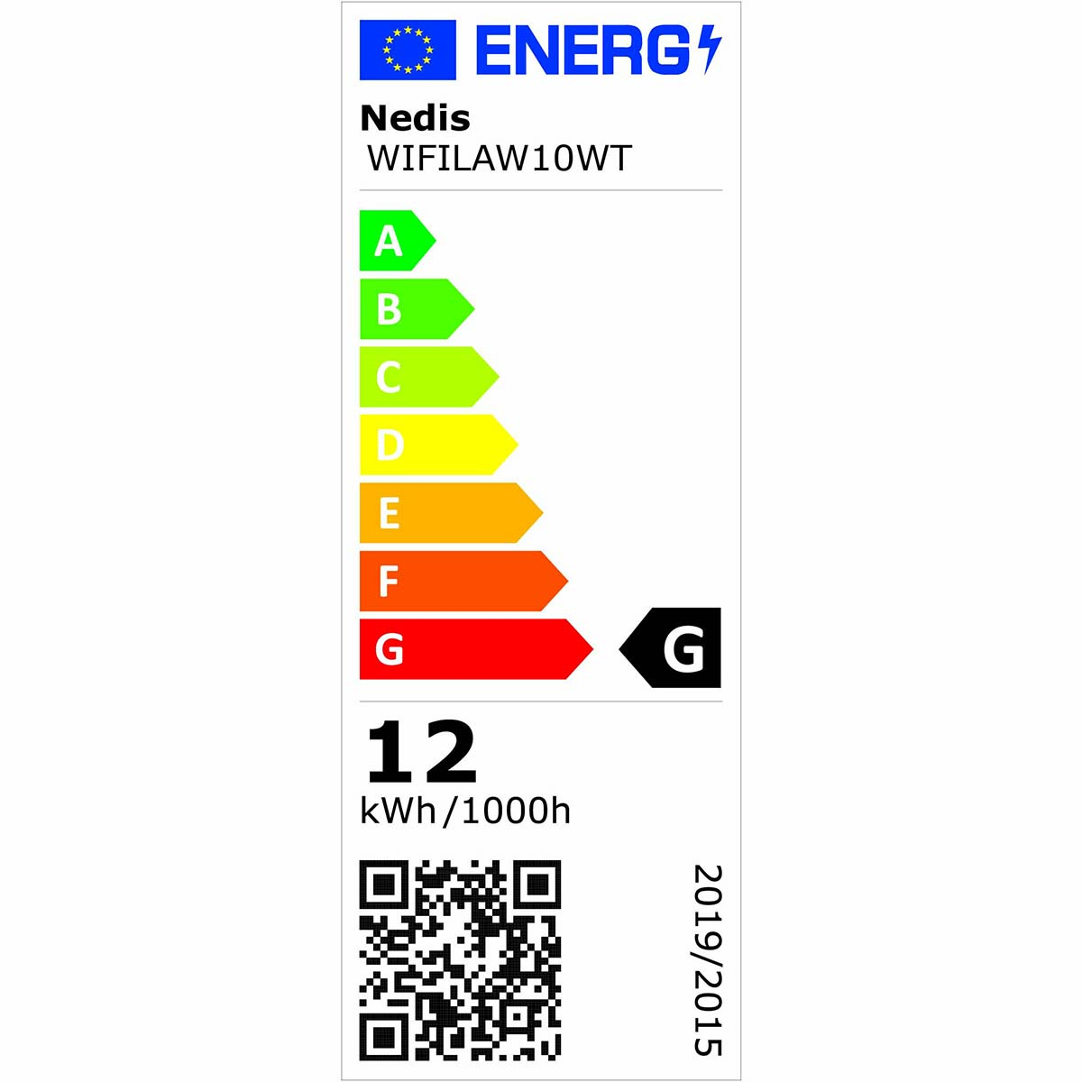 Etichetta energetica con valutazioni da A a G. 12 kWh/1000h, codice QR e l'anno 2019/2015.