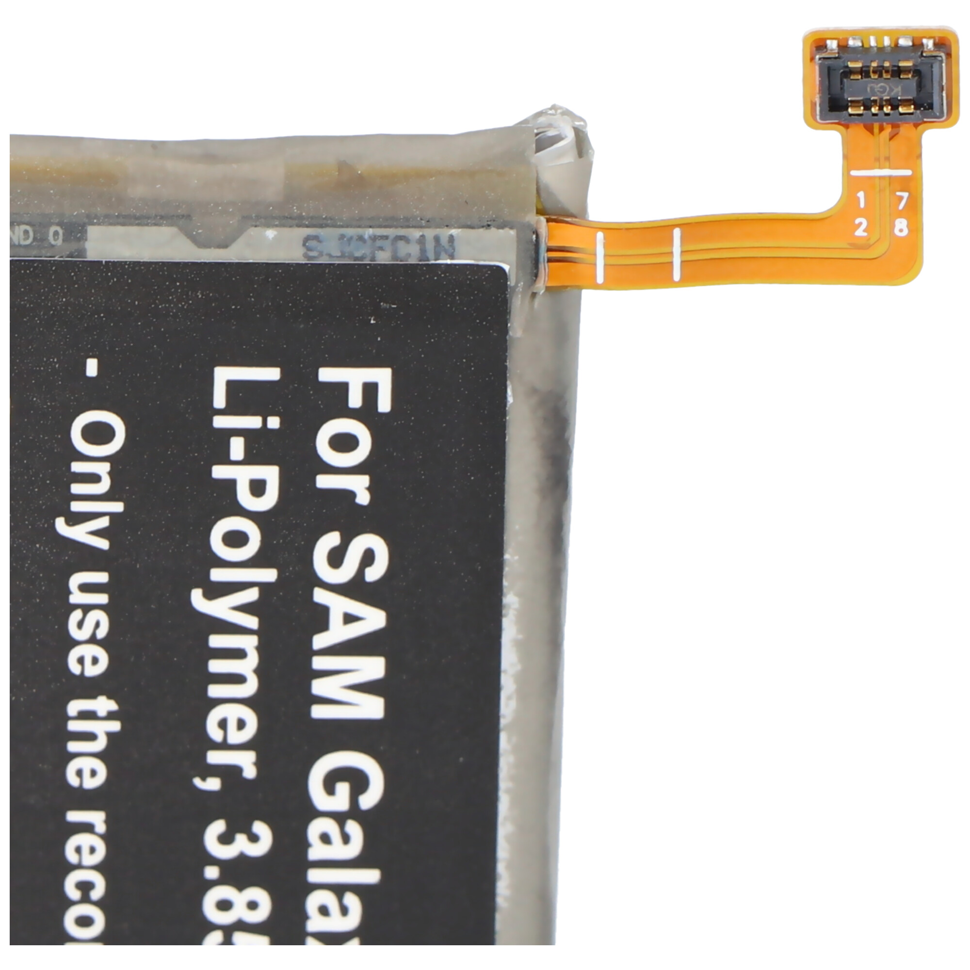Nahaufnahme einer schwarz-weißen Li-Polymer-Batterie mit einem Anschluss.