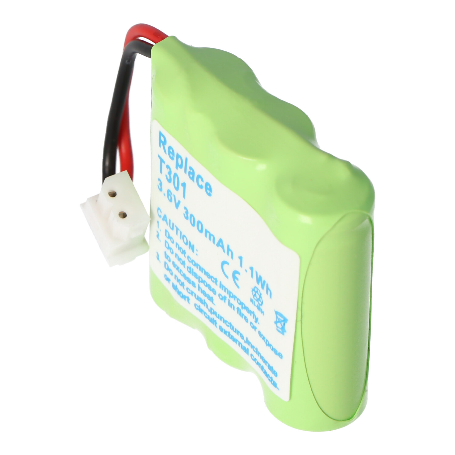 Grüne Batterie mit weißem Etikett: Ersetzen Sie T301, 3,6 V 300 mAh 1,1 Wh und Warnungen.