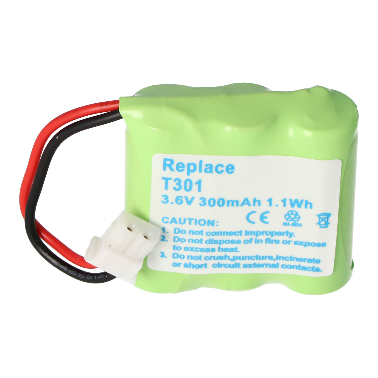 Grüne Batterie mit schwarzen und roten Drähten und einem weißen Stecker. Text steht auf der Batterie.