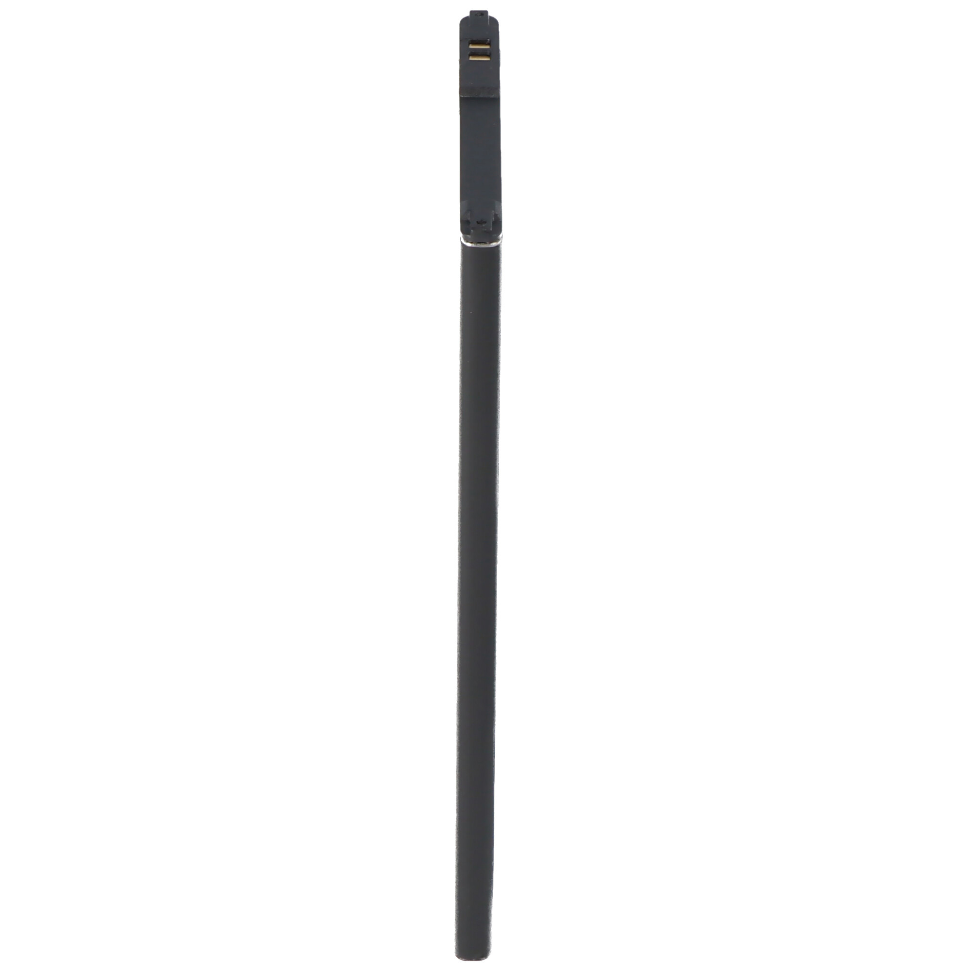 Schwarzer Selfie-Stick, vollständig ausgefahren, aufrecht stehend, weißer Hintergrund.
