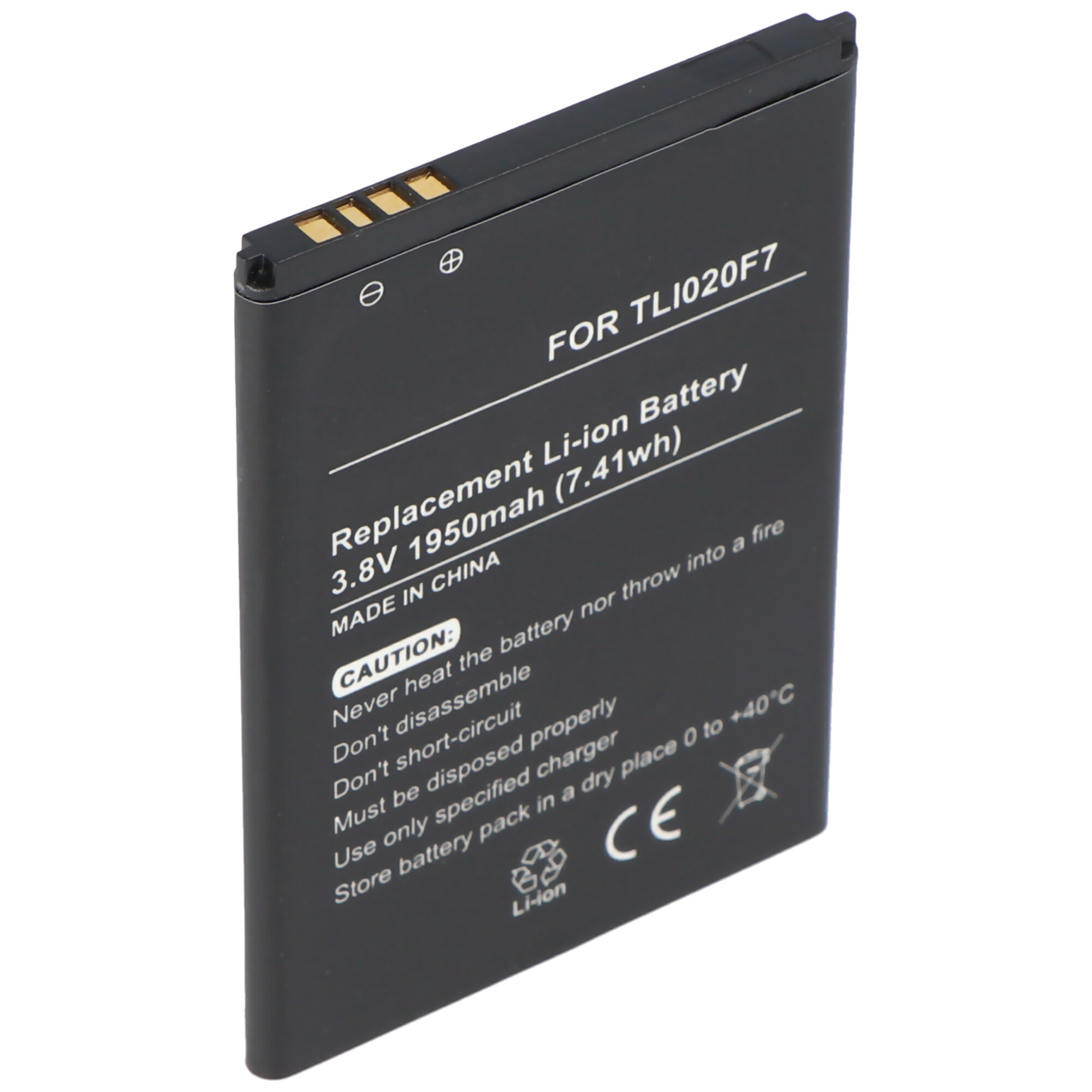 Schwarze Li-Ionen-Batterie mit Text und Warnhinweisen.