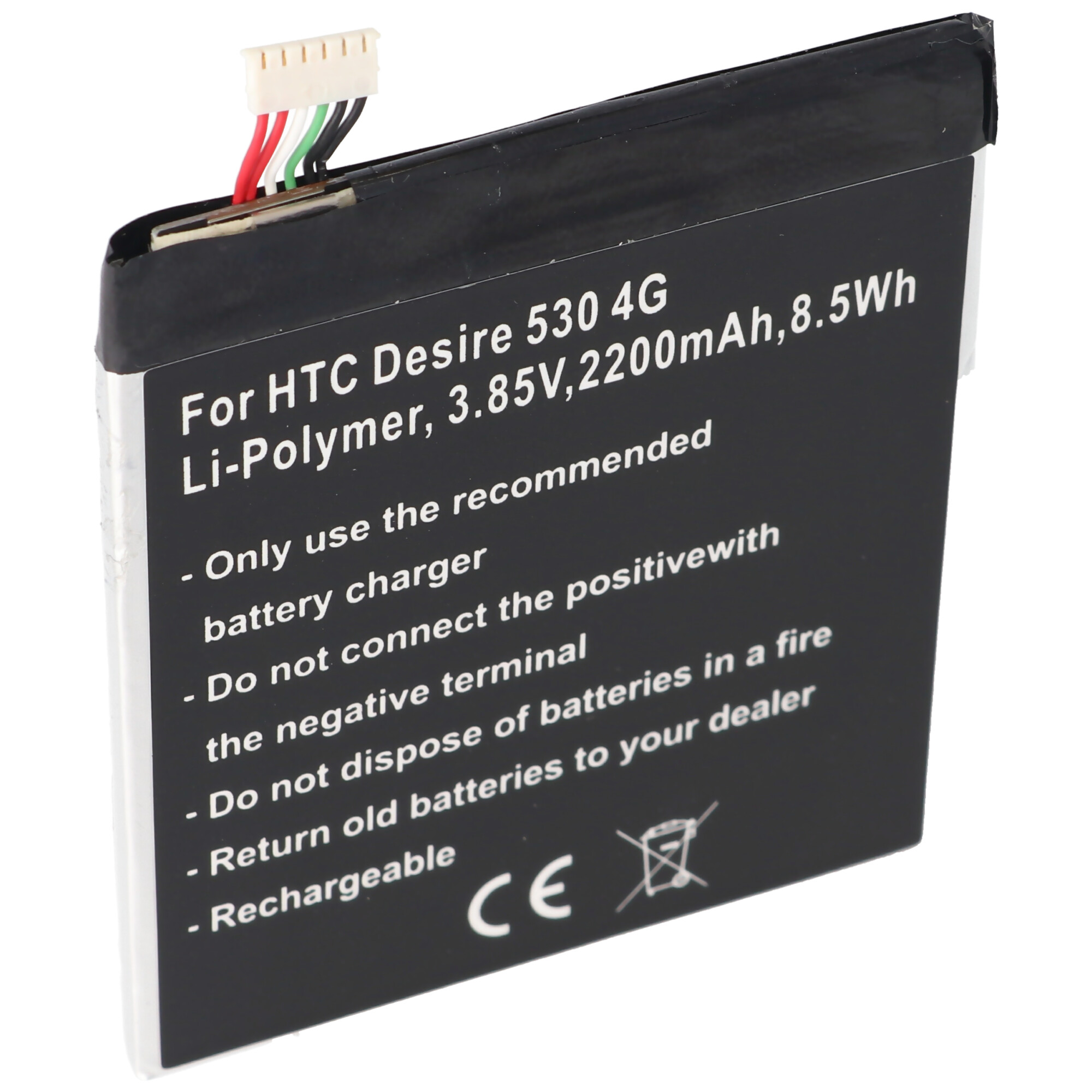 Schwarz-weiße Batterie mit Text: HTC Desire 530 4G, 3,85V, 2200mAh, 8,5Wh und Sicherheitshinweisen.