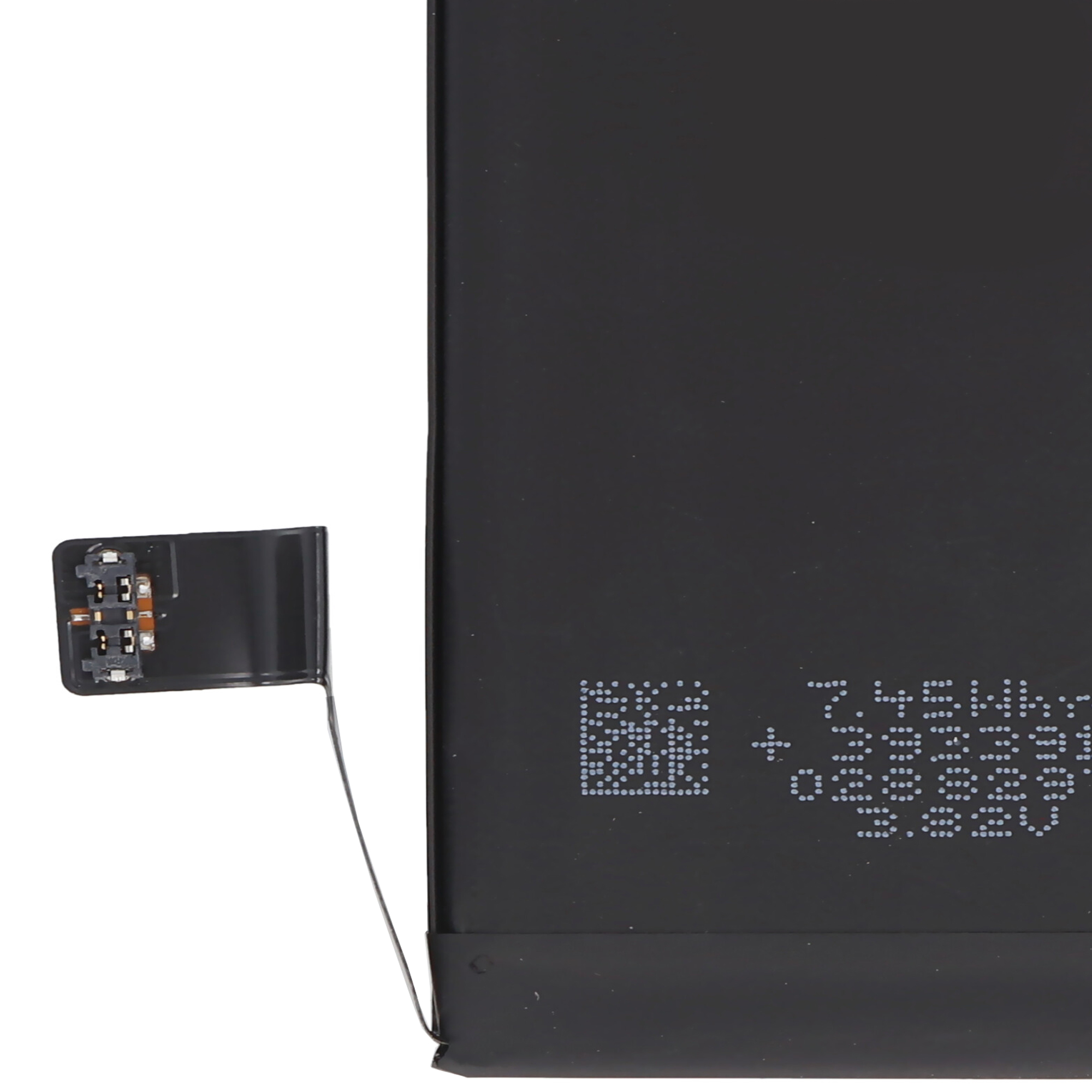 Nahaufnahme einer schwarzen Telefonbatterie mit Aufdruck und Stecker.