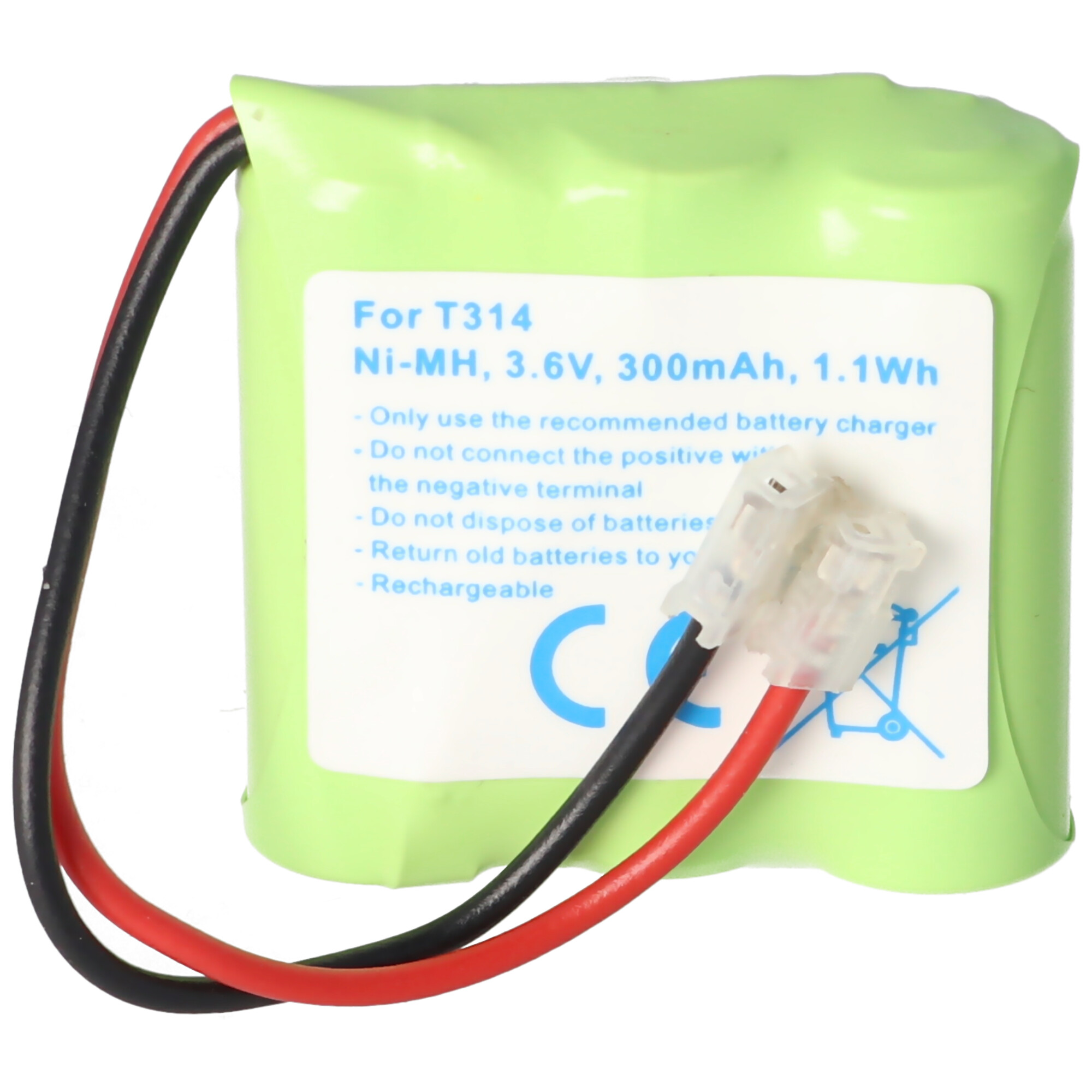Eine grüne Batterie mit schwarzen und roten Drähten und einem weißen Etikett.