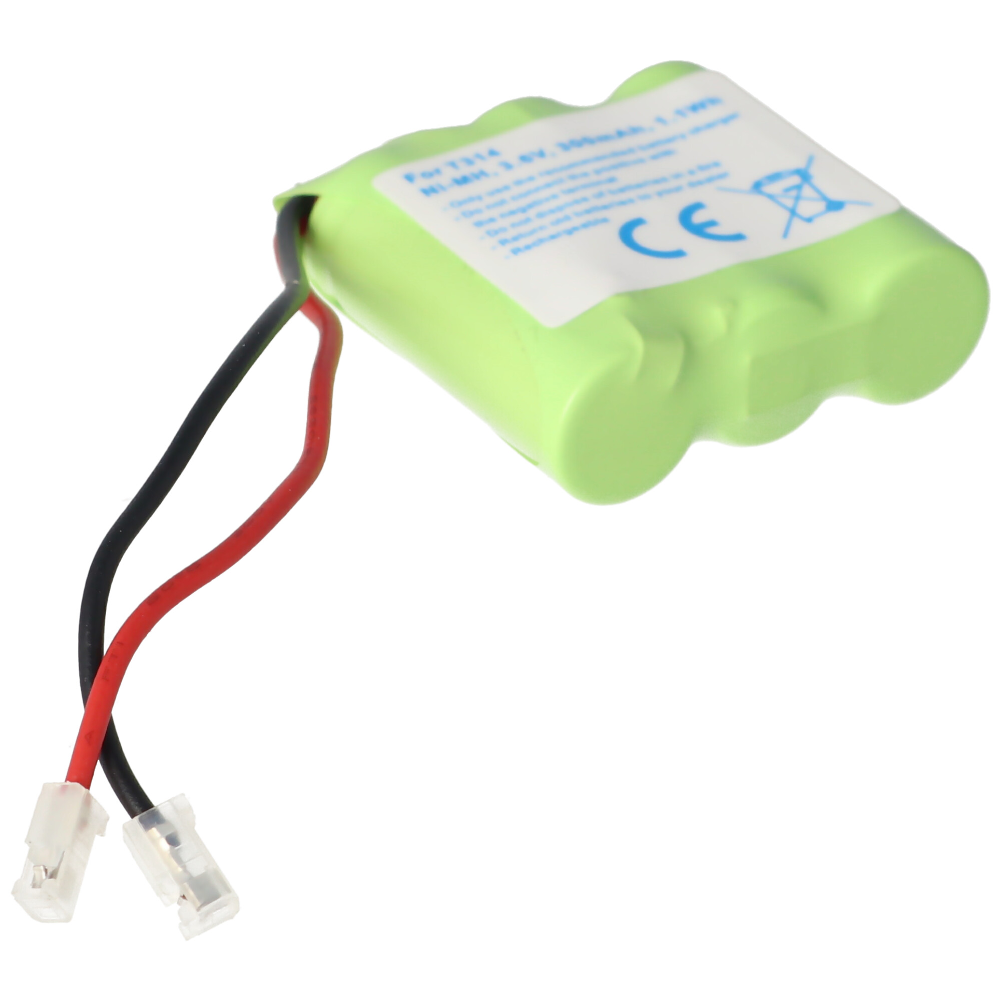 Grünes Batteriepack mit roten und schwarzen Drähten und Anschlüssen. CE-Kennzeichen.