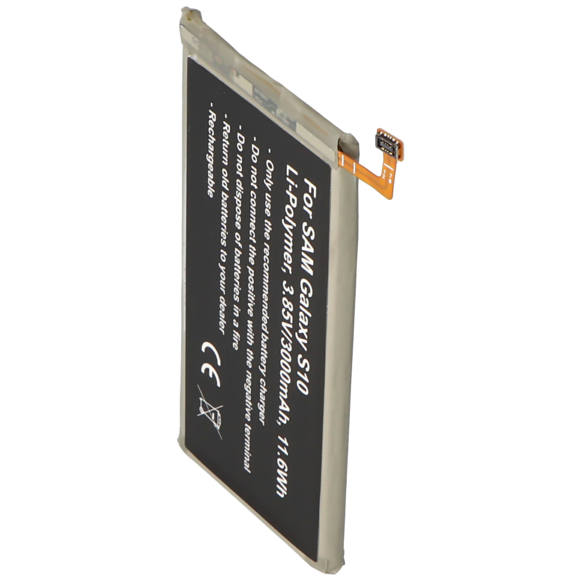Ein Samsung Galaxy S10 Akku mit Warnhinweisen und einem Stecker.