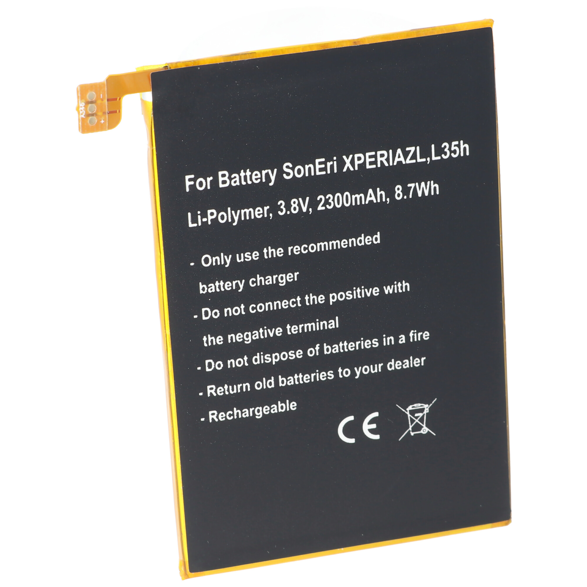 Eine schwarze Batterie mit Text: For Battery SonEri XPERIAZL, L35h Li-Polymer 3.8V 2300mAh.