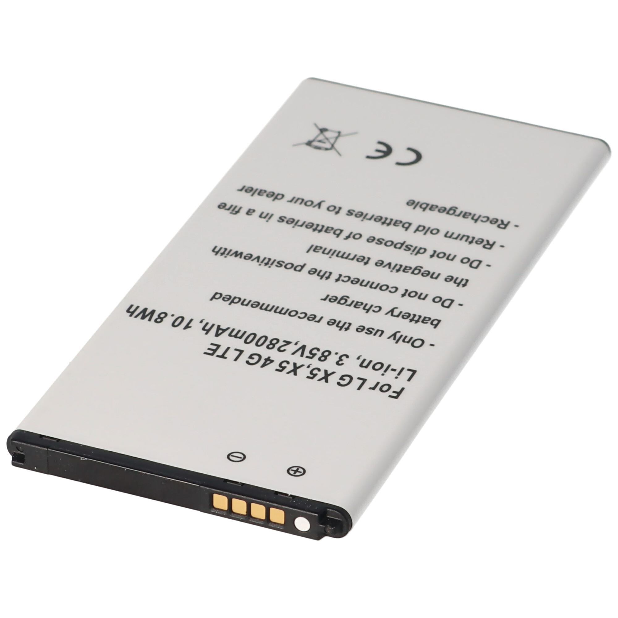 Silberne rechteckige Batterie mit schwarzer Oberseite. Es hat Text und Symbole.
