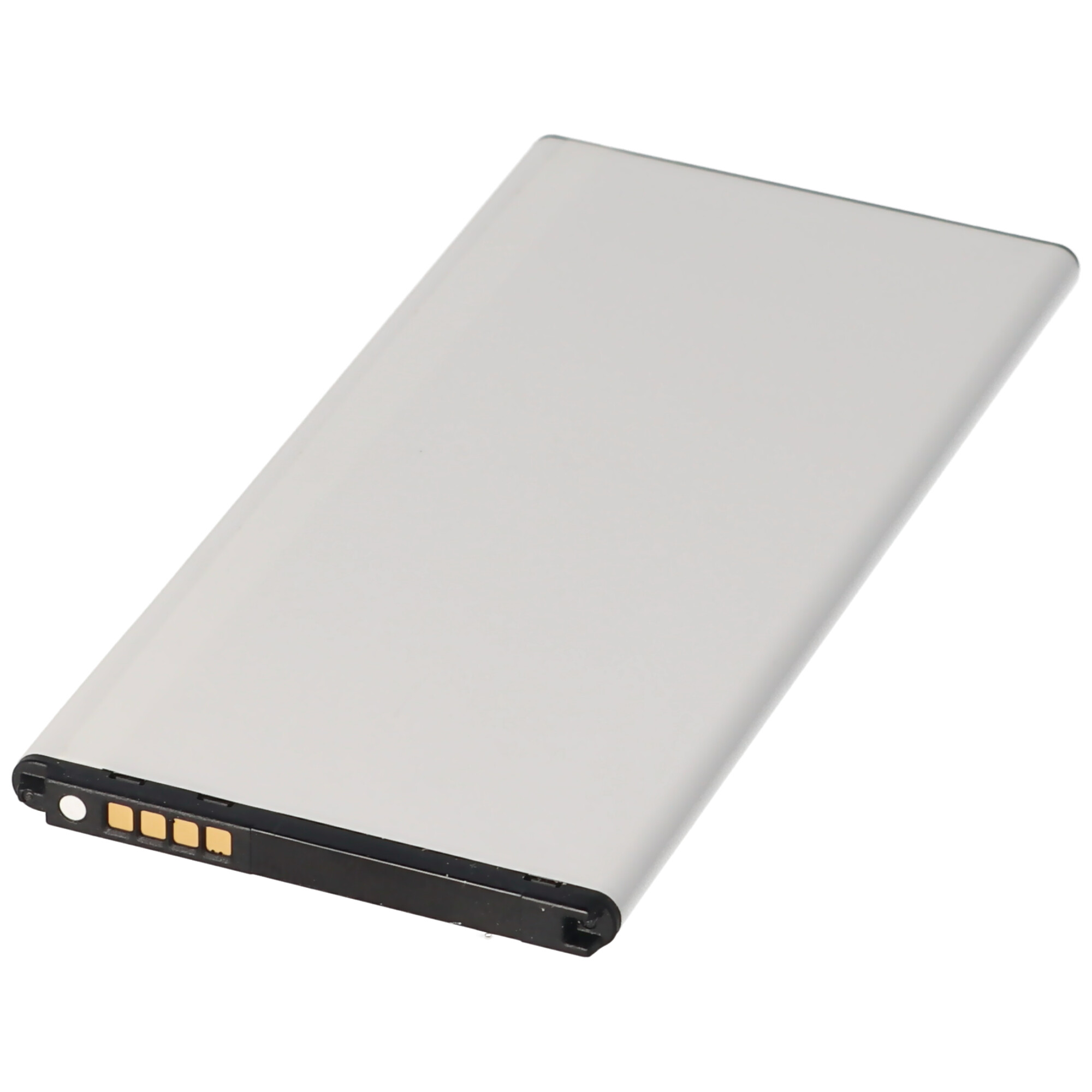 Silber-schwarze Batterie. Die Batterie befindet sich auf weißem Hintergrund.
