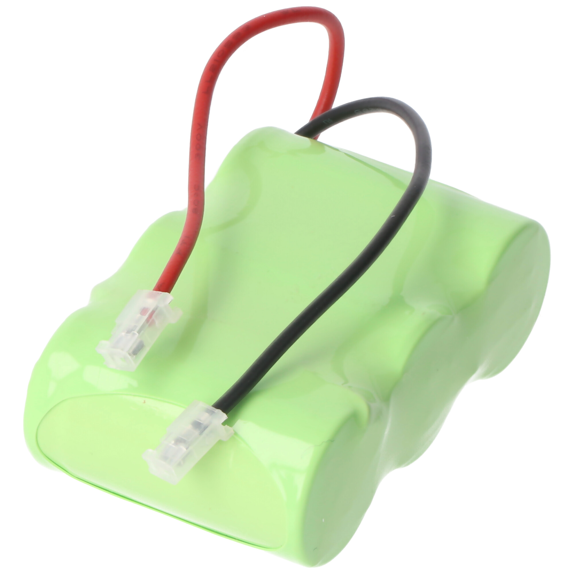 Grüne Batterie mit roten und schwarzen Drähten, die sich davon erstrecken.