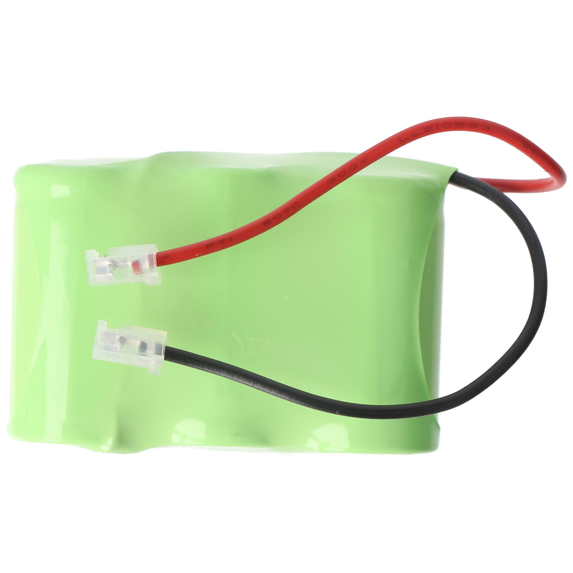 Grünes Batteriemodul mit angeschlossenen roten und schwarzen Drähten.