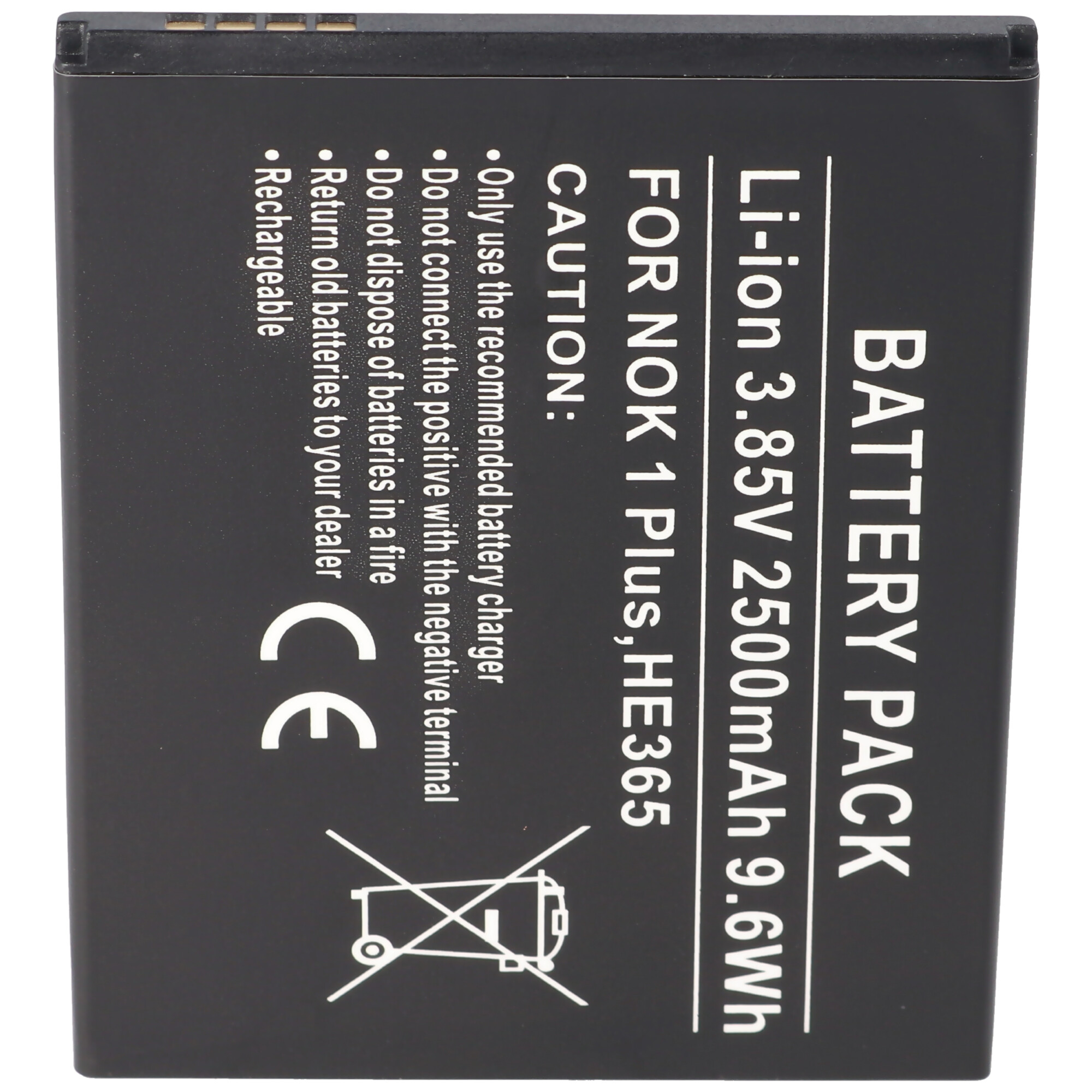 Schwarzes Akkupack mit weißem Text: „BATTERY PACK“ und Sicherheitshinweisen.