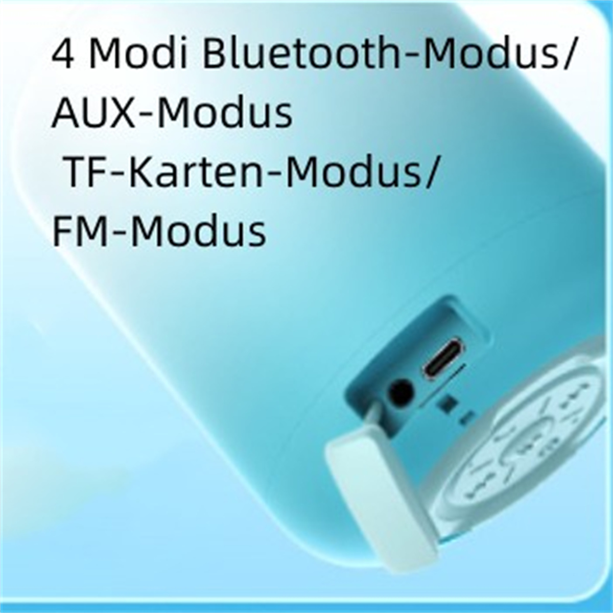 Hellblauer Lautsprecher mit Text für 4 Modi: Bluetooth, AUX, TF-Karte und FM. Seite mit Anschlüssen.